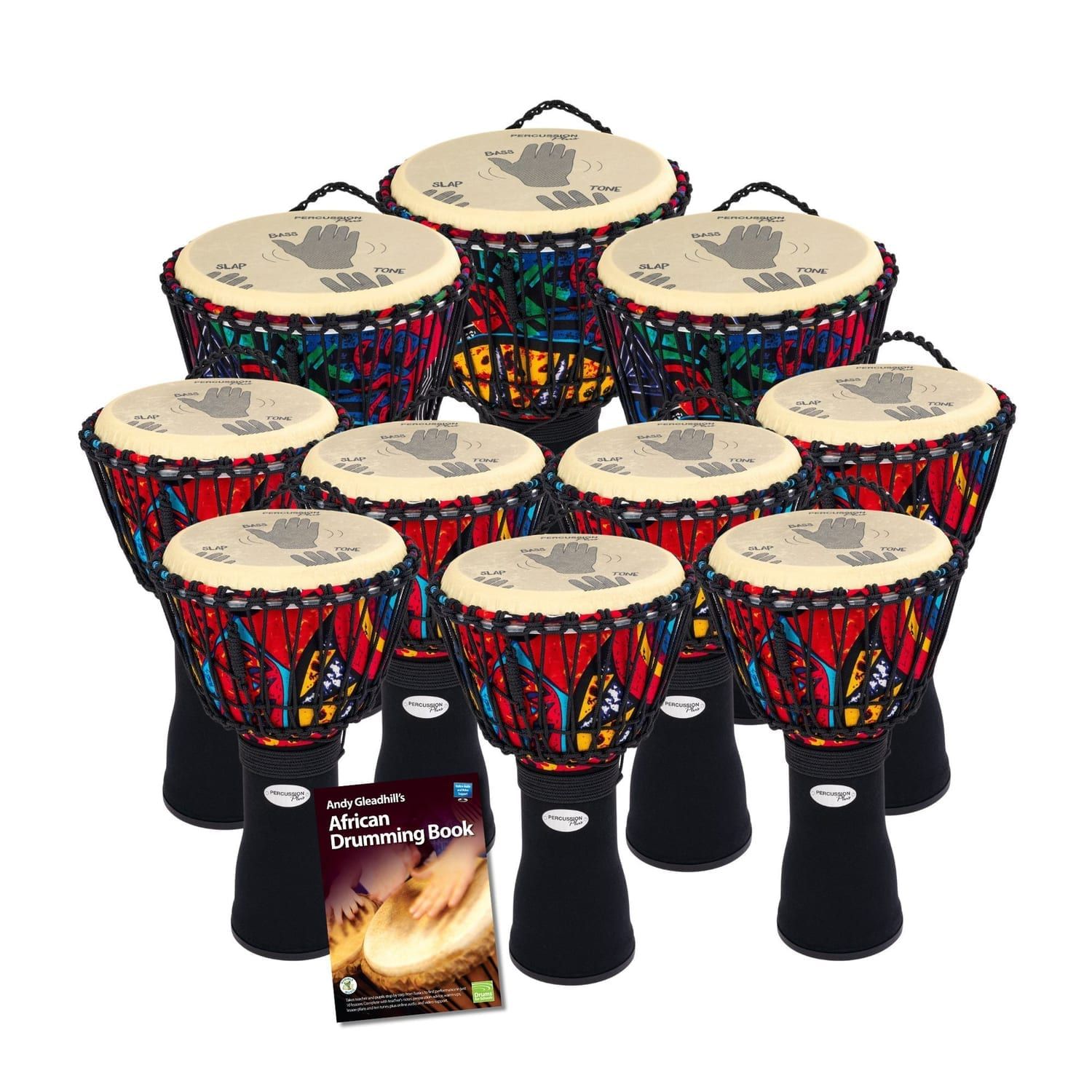 Secondary Rope tuned 10 Slap Djembe Drum Pack — ten djembes with hand-position guides plus Andy Gleadhill’s book