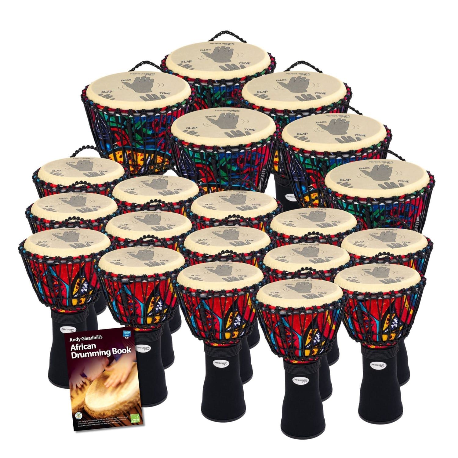 20 Secondary Rope tuned Slap Djembe Drum Pack, 10 in and 12 in heads with printed hand-position guides, book shown at front