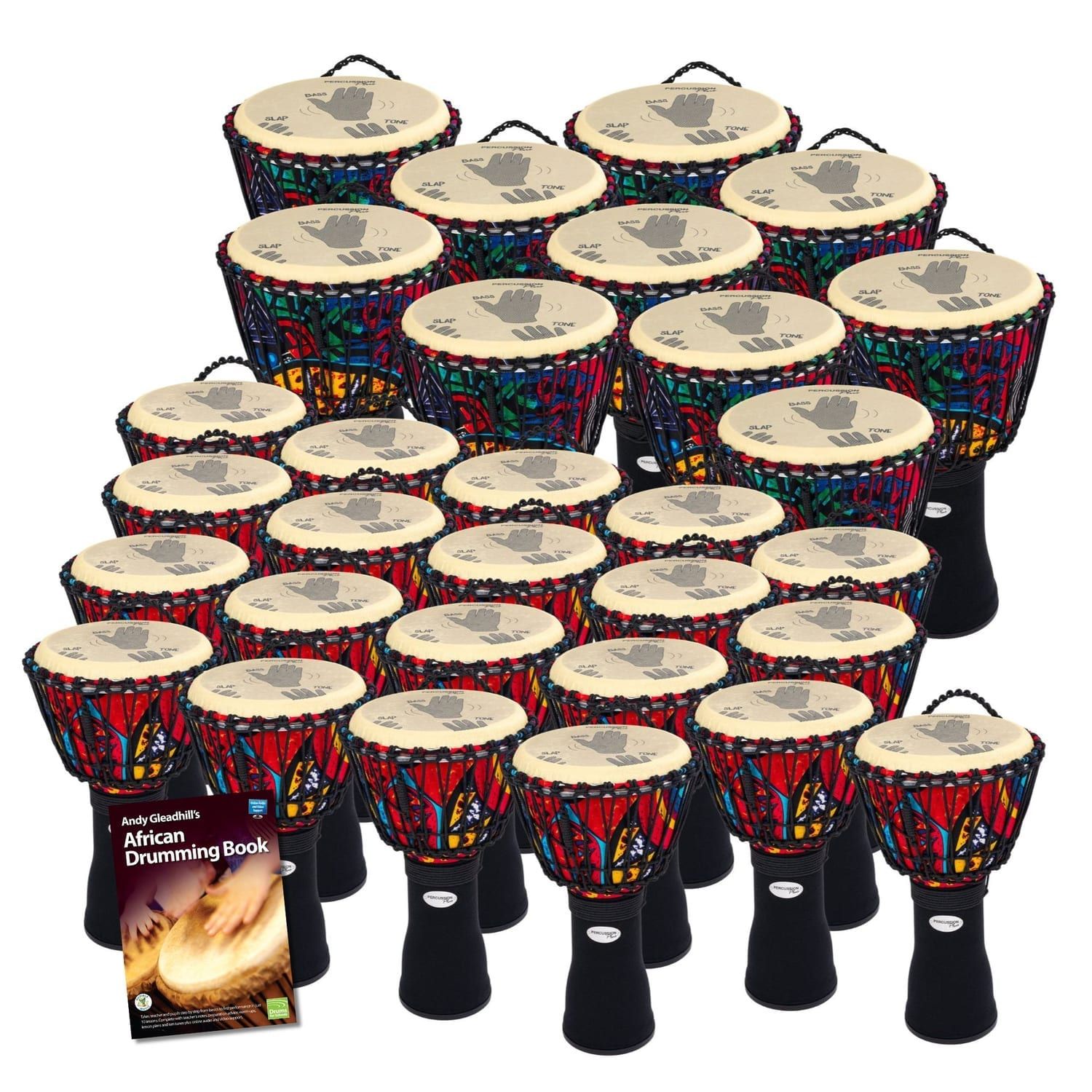 30 Secondary Rope tuned Slap Djembe Drum Pack with rope-laced shells, hand-position guides, and Andy Gleadhill’s book