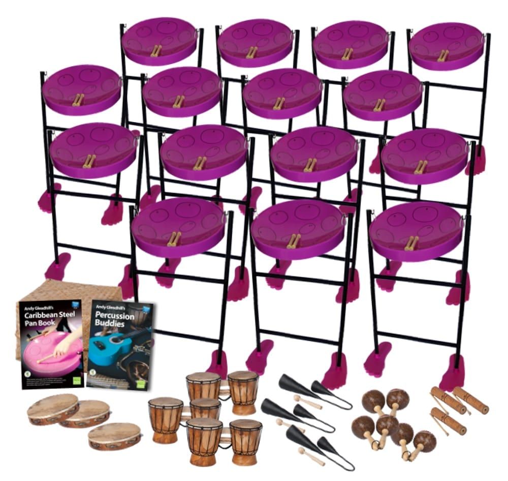 Image showing the instruments in the Drums for Schools Caribbean Steel Pan 30 Player Jumbie Class Pack - CP-SPbd30