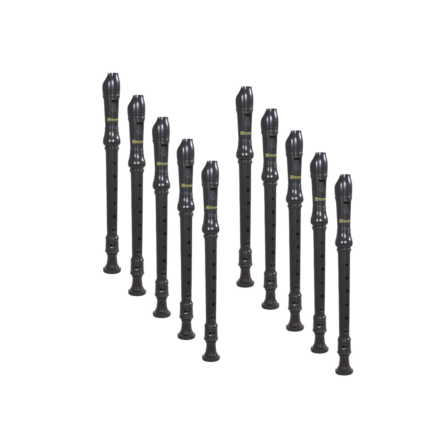 10 Recorder Ensemble Set of black recorders arranged upright, with finger holes and beak mouthpieces