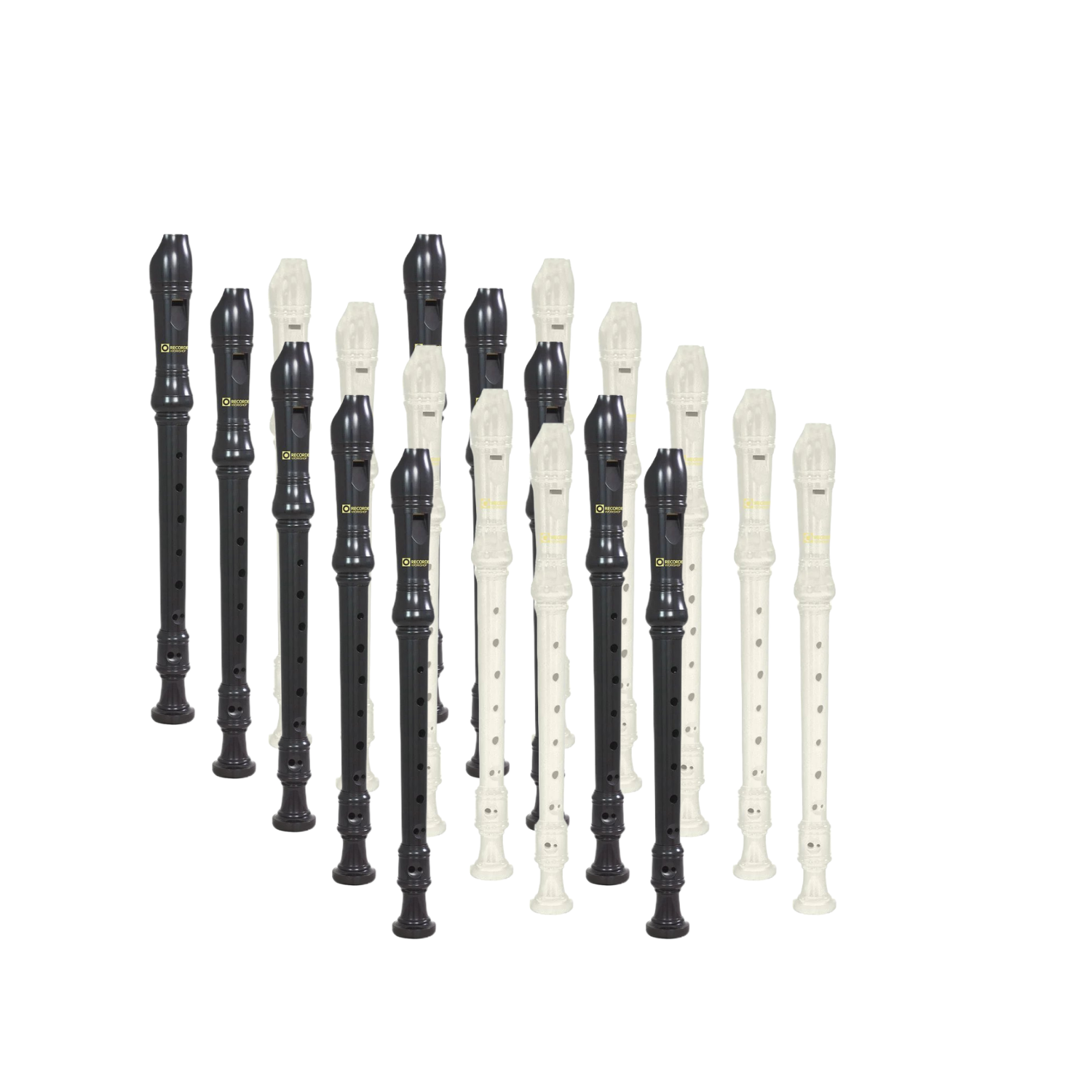 20 Recorder Ensemble Set with black and clear recorders arranged upright