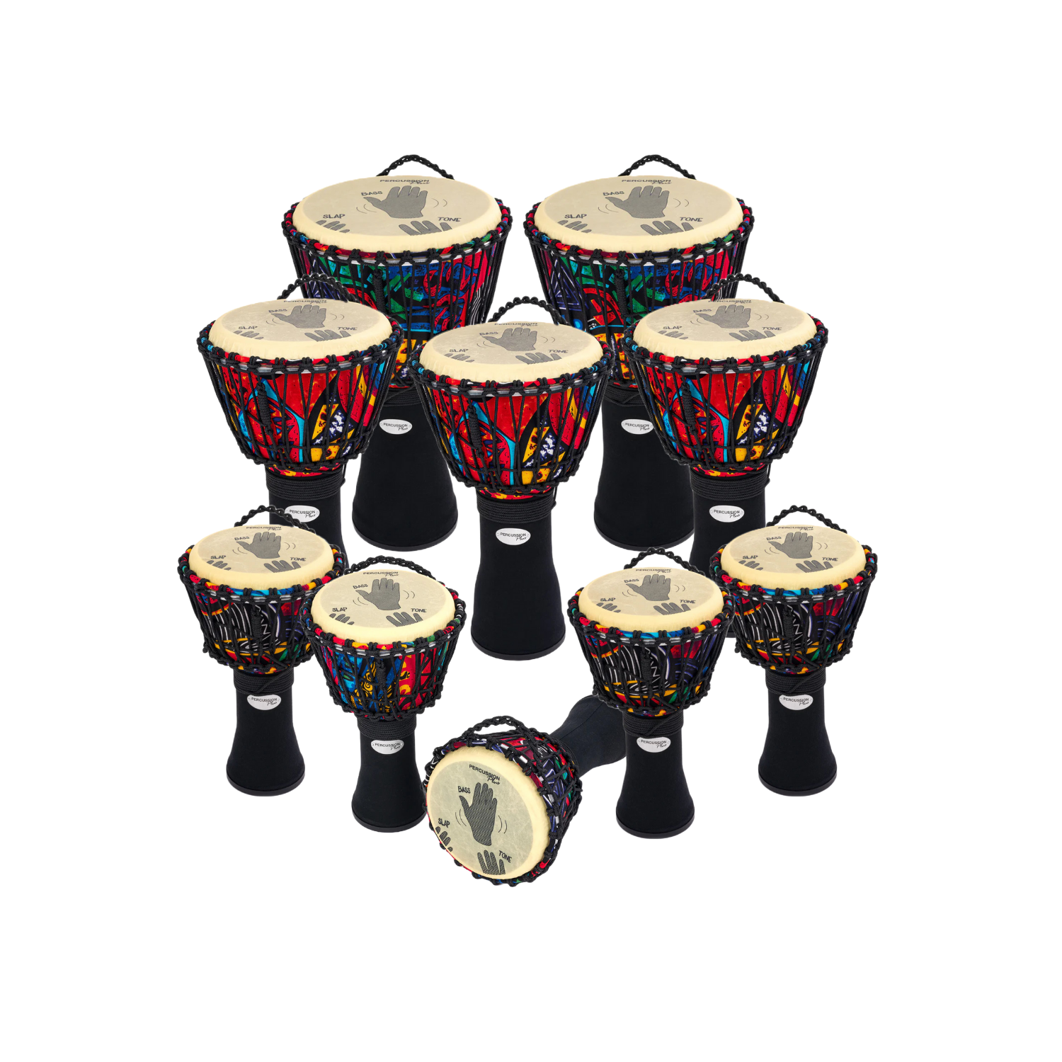 Compact ensemble set of colorful rope-tuned Djembe drums with labeled playing areas for slap, tone, and bass, ideal for small group activities or music classes.