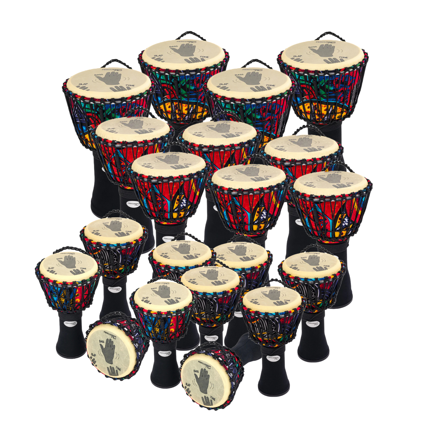 20 Primary Rope tuned Slap Djembe Drum Pack, rope-laced heads with slap/tone/bass guides, sizes 40 cm, 50 cm, 60 cm