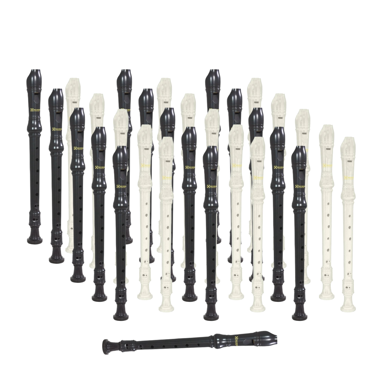 Recorder Workshop 301 descant recorders in black and ivory, mixed set with one laid flat in front