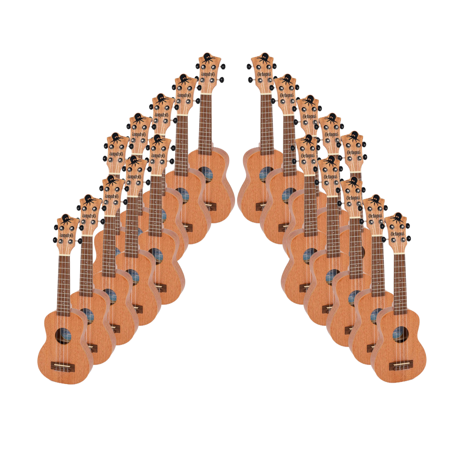 20 Pack Octopus Soprano Ukulele set arranged in two rows, natural wood bodies with black geared tuners