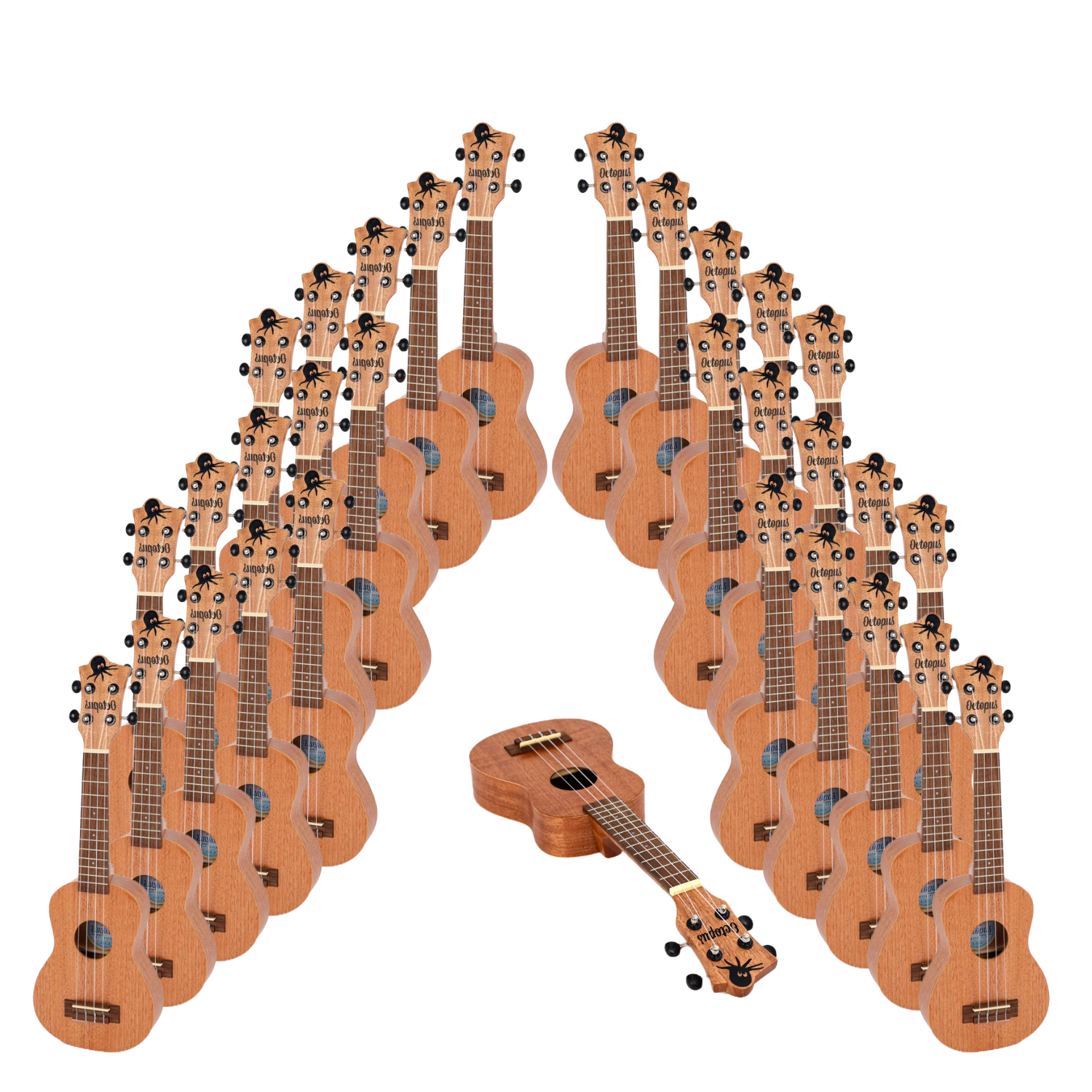30 Pack Octopus Soprano Ukulele set in natural finish—30 upright ukuleles in an arc with one laid flat for teacher