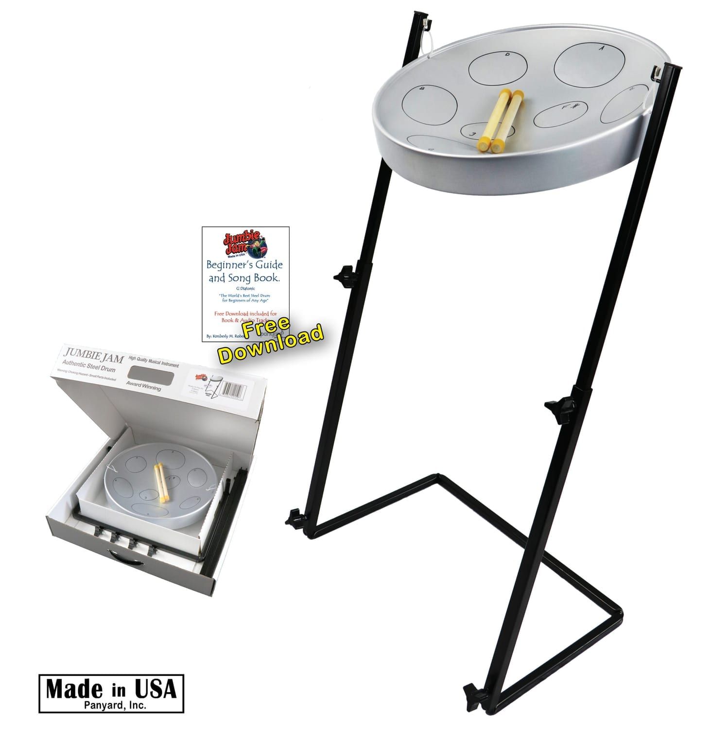 Jumbie Jam steel pan – floor-standing grey model with Z stand, ideal for beginner and classroom steel drum players.