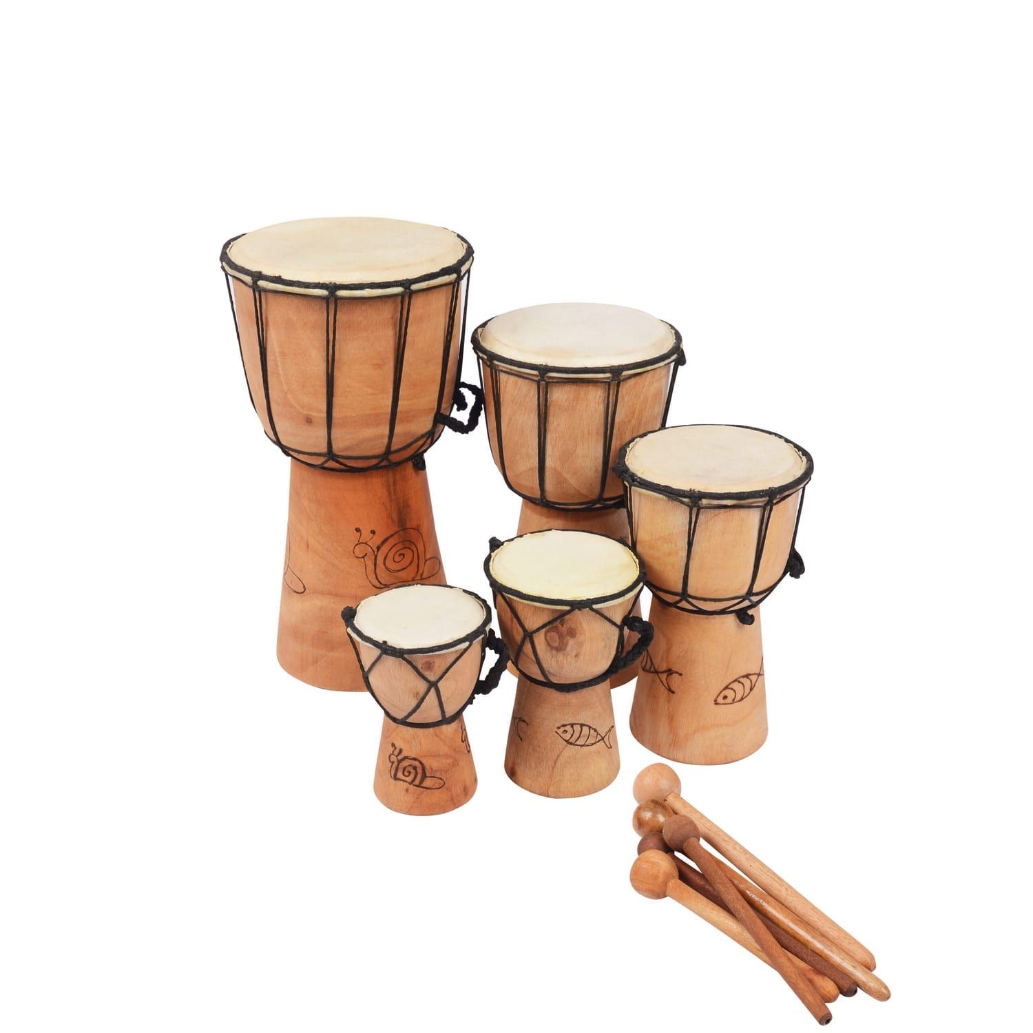 Carved mini djembe drum mixed pack - five rope-tuned drums in graduated sizes with natural skin heads and wooden beaters