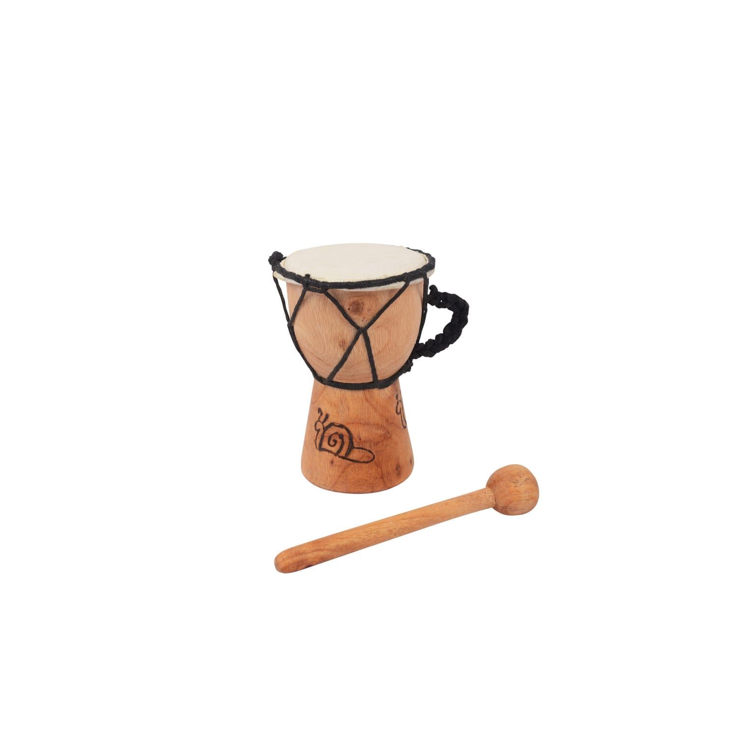 3 inch Carved Early Years djembe drum, 12 cm high, handmade mahogany with goatskin head and wooden beater