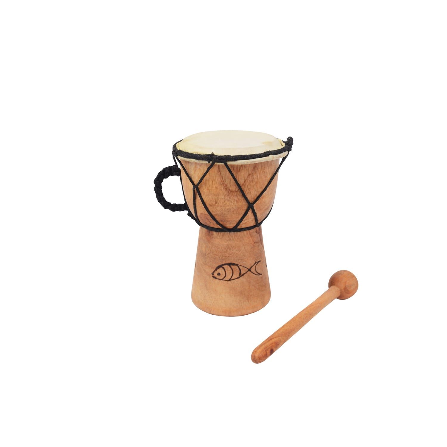 3.5 inch carved mini djembe drum with rope-laced head, supplied with wooden beater