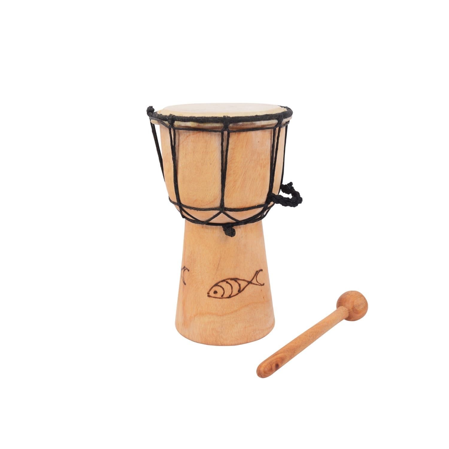 4.5 inch carved mini djembe drum, 20cm high, light wood with fish motif, rope-tuned, with wooden beater