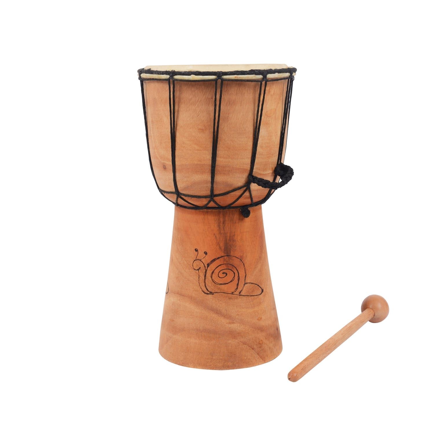 6.5 inch carved djembe drum with natural skin head, black rope tuning and snail engraving, shown with wooden beater