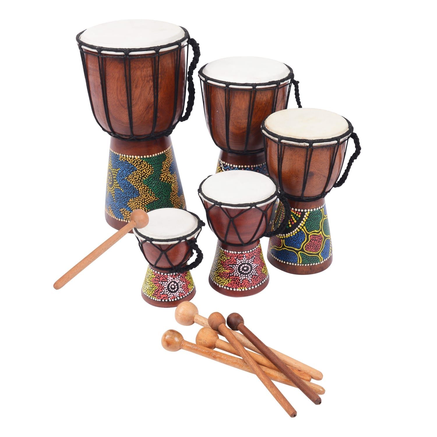 Painted mini Educator Star djembe drum mixed pack of five, rope-tuned with wooden beaters