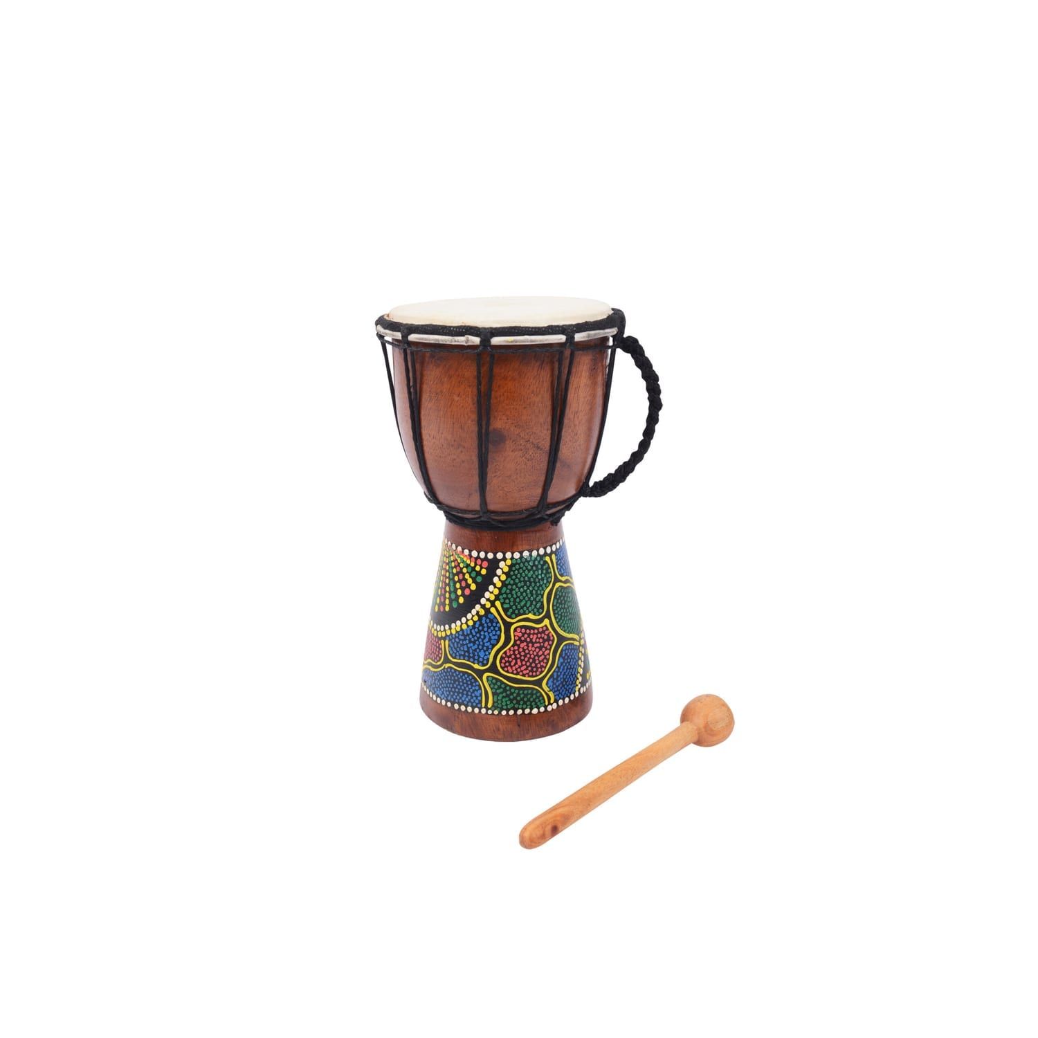 4.5 inch Educator Star djembe drum, 20cm high, painted shell, shown with wooden drumstick