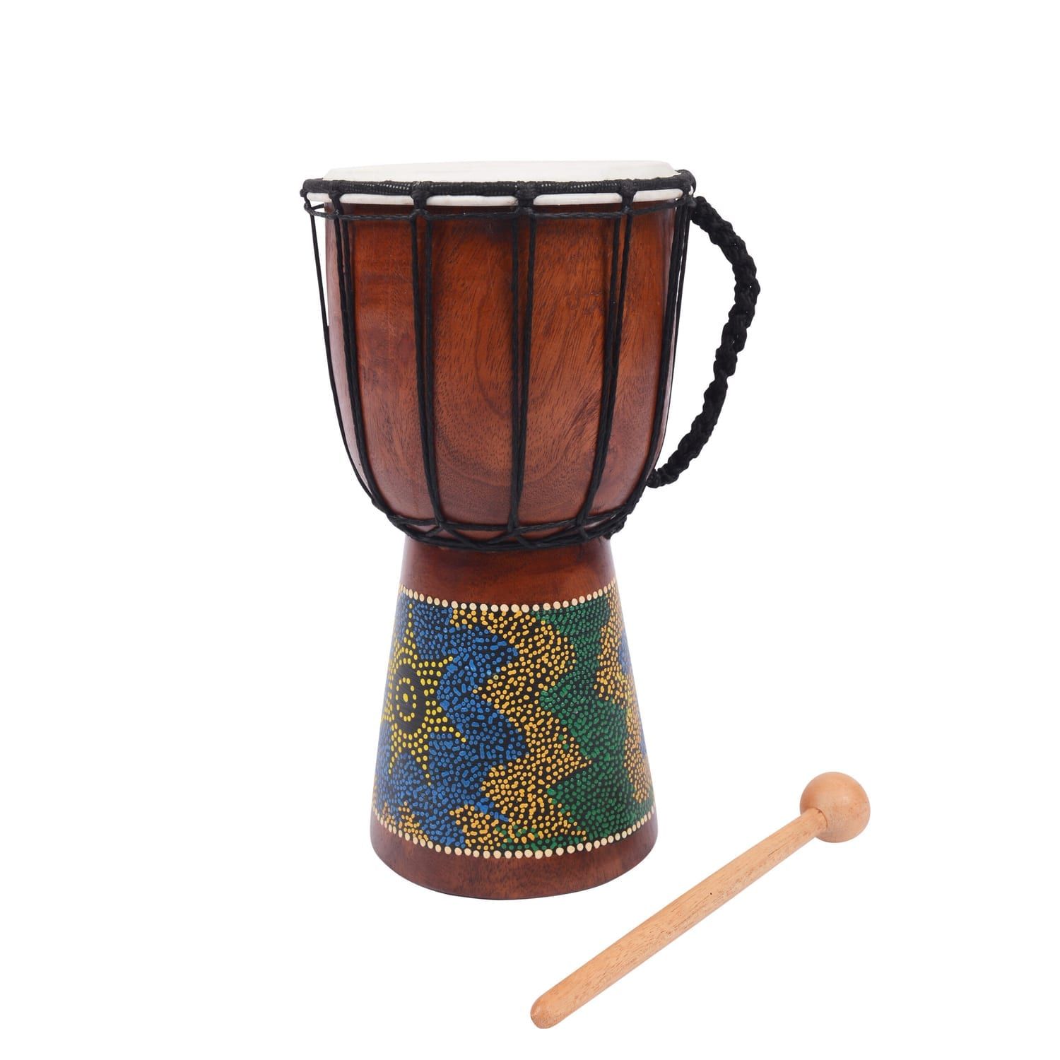 6.5 inch Educator Star djembe drum with rope handle and painted base, shown with wooden drumstick