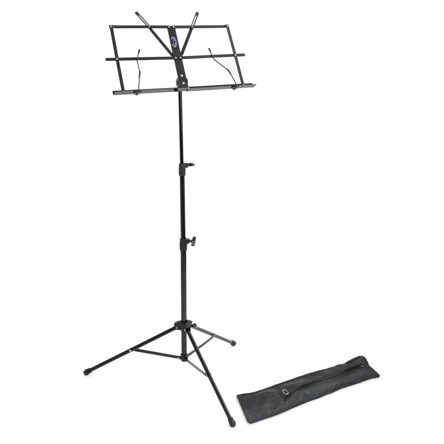 Lawrence Lightweight Folding Music Stand, black tripod, 3-tier stem, folding desk with page retainers, canvas carry bag