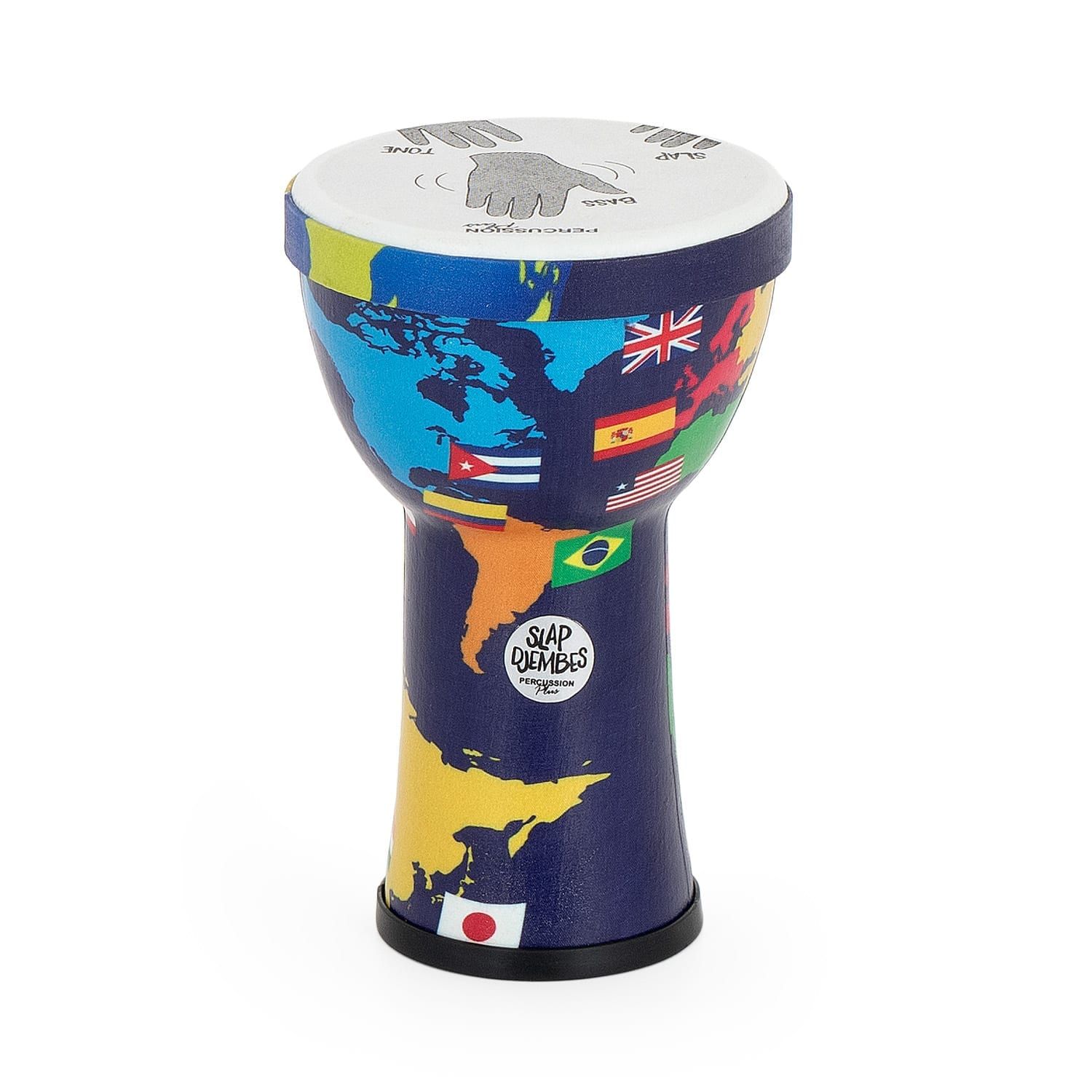 Side view of the Percussion Plus 6-inch Djembe Drum with World Map design, showcasing flags from countries including the USA, Brazil, Japan, and Spain. The drum features a pre-tuned synthetic drumhead with hand position diagrams for Bass, Tone, and Slap sounds, designed for beginner percussion players.