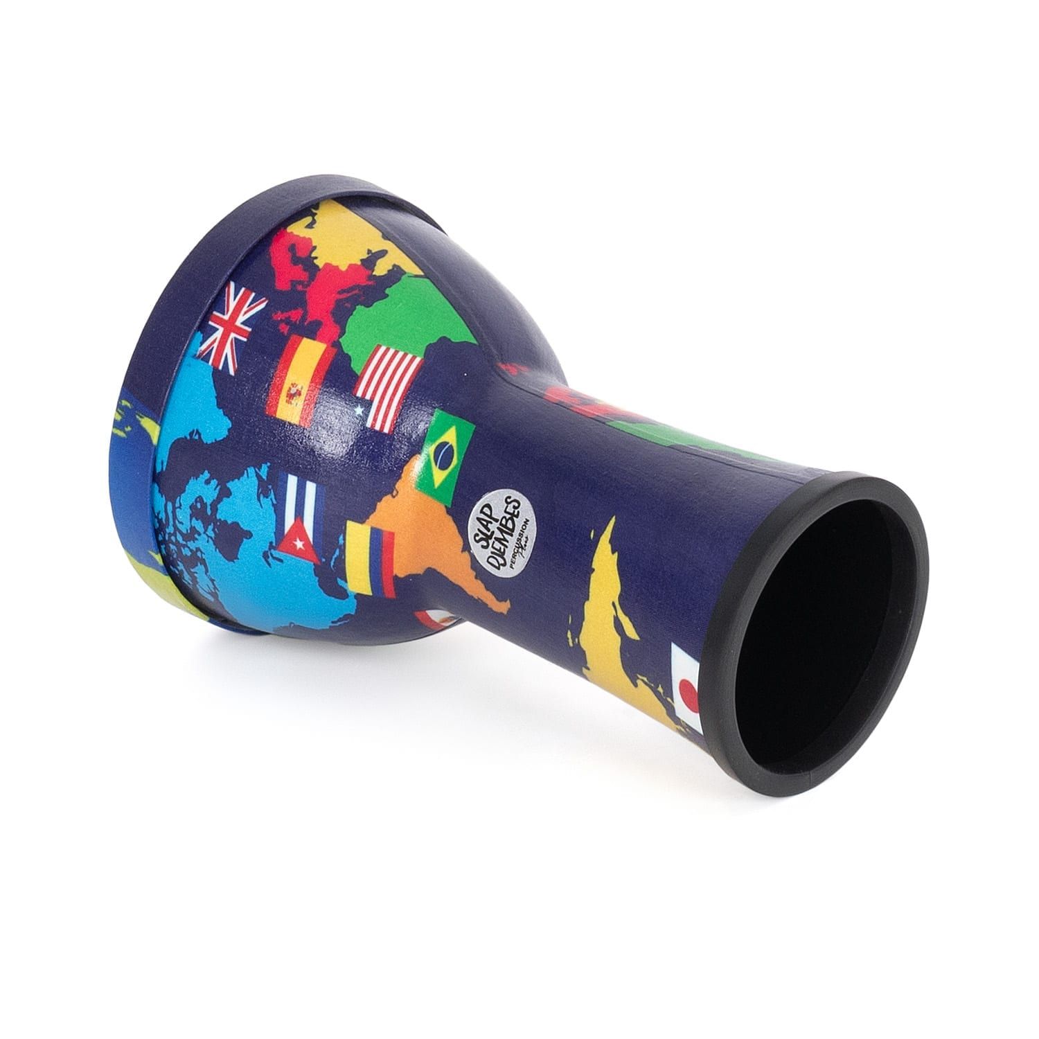 Side view of the Percussion Plus 6-inch Djembe Drum with World Map design, showcasing flags from countries such as the USA, Brazil, and Japan. The drum features the 'Slap Djembes' logo and is equipped with a pre-tuned synthetic drumhead, designed for beginner percussionists.
