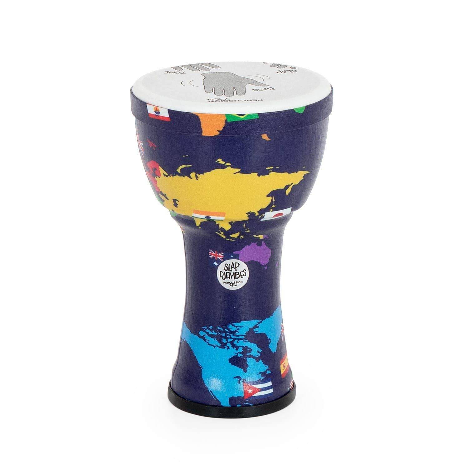 Side view of a World Slap Djembe drum, 7-inch diameter and 32cm high, featuring a vibrant world map design with country flags. The pre-tuned synthetic drumhead displays hand position instructions for Bass, Slap, and Tone, perfect for beginner percussionists and educational settings.
