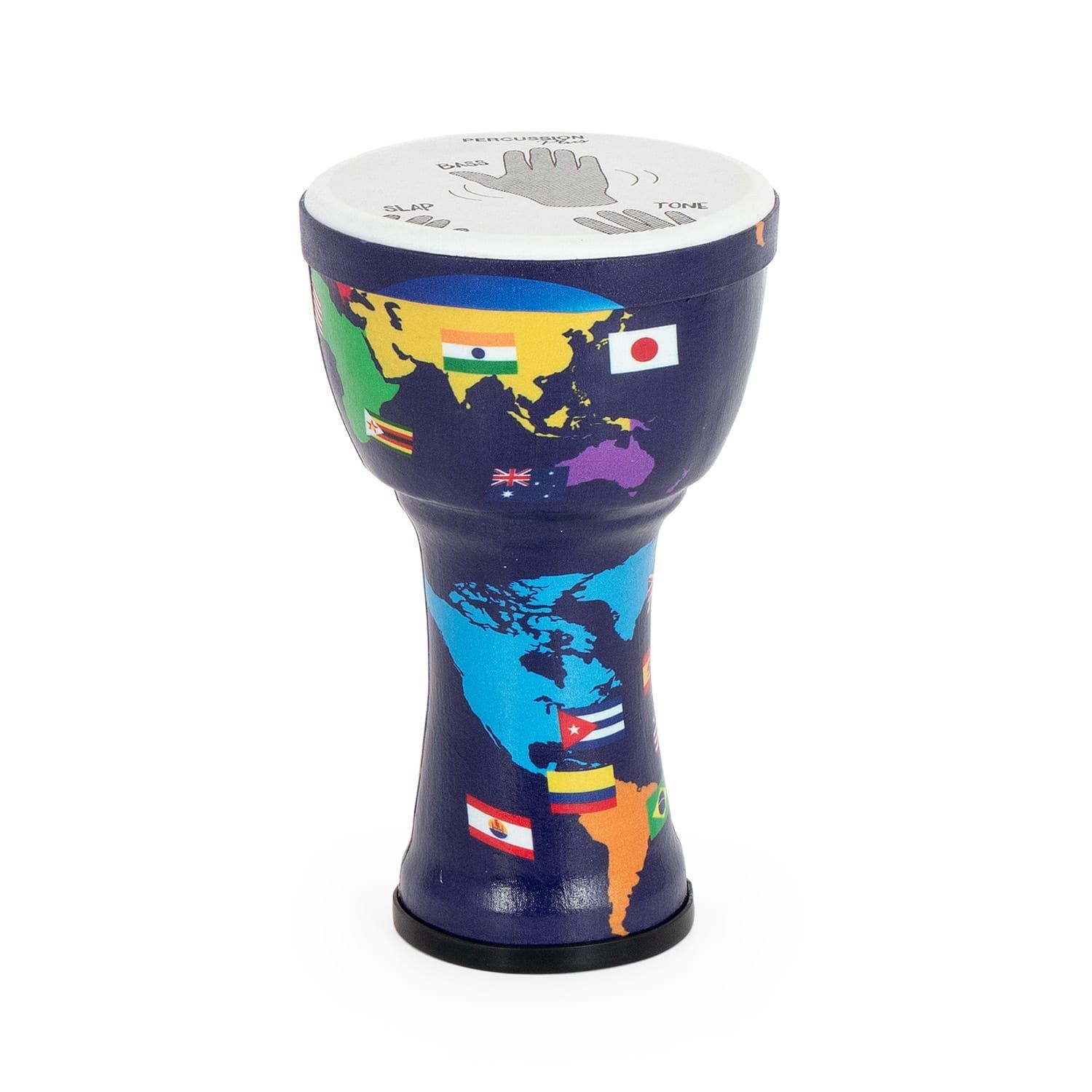 Percussion Plus 7-inch Djembe Drum with World Map design, showcasing flags from countries across the globe, including India, Japan, and several others. The pre-tuned synthetic drumhead features hand positions for Bass, Tone, and Slap, making it perfect for beginner percussionists.