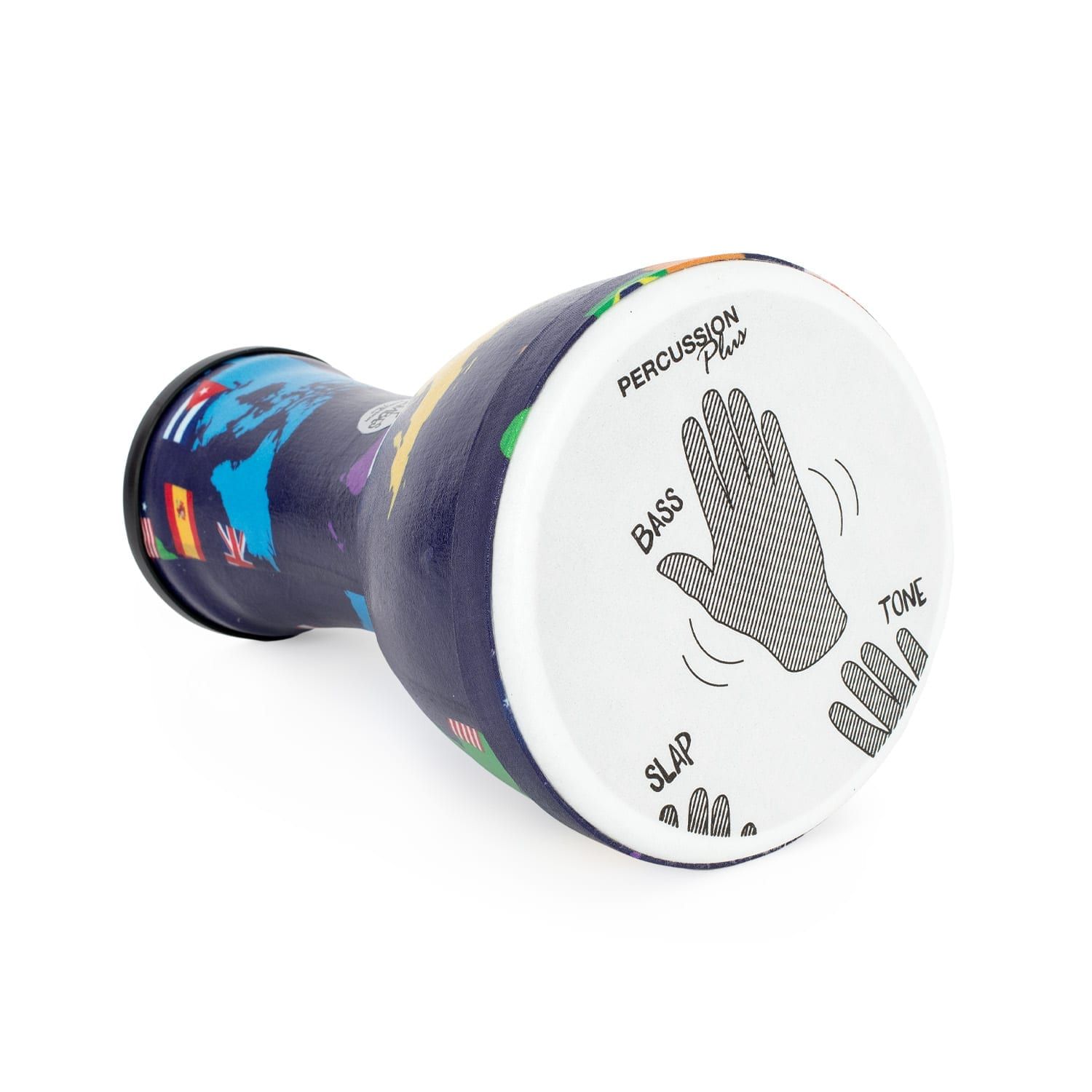 Percussion Plus 7-inch Djembe Drum with World Map design, featuring flags from various countries and pre-tuned synthetic drumhead. The drum includes hand positions for Bass, Tone, and Slap sounds, ideal for beginners and percussion enthusiasts.