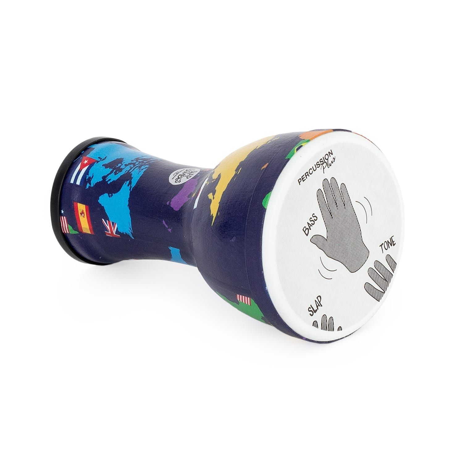 Percussion Plus 7-inch Djembe Drum with World Map design, featuring flags from various countries and pre-tuned synthetic drumhead. The drum includes hand positions for Bass, Tone, and Slap sounds, ideal for beginners and percussion enthusiasts.