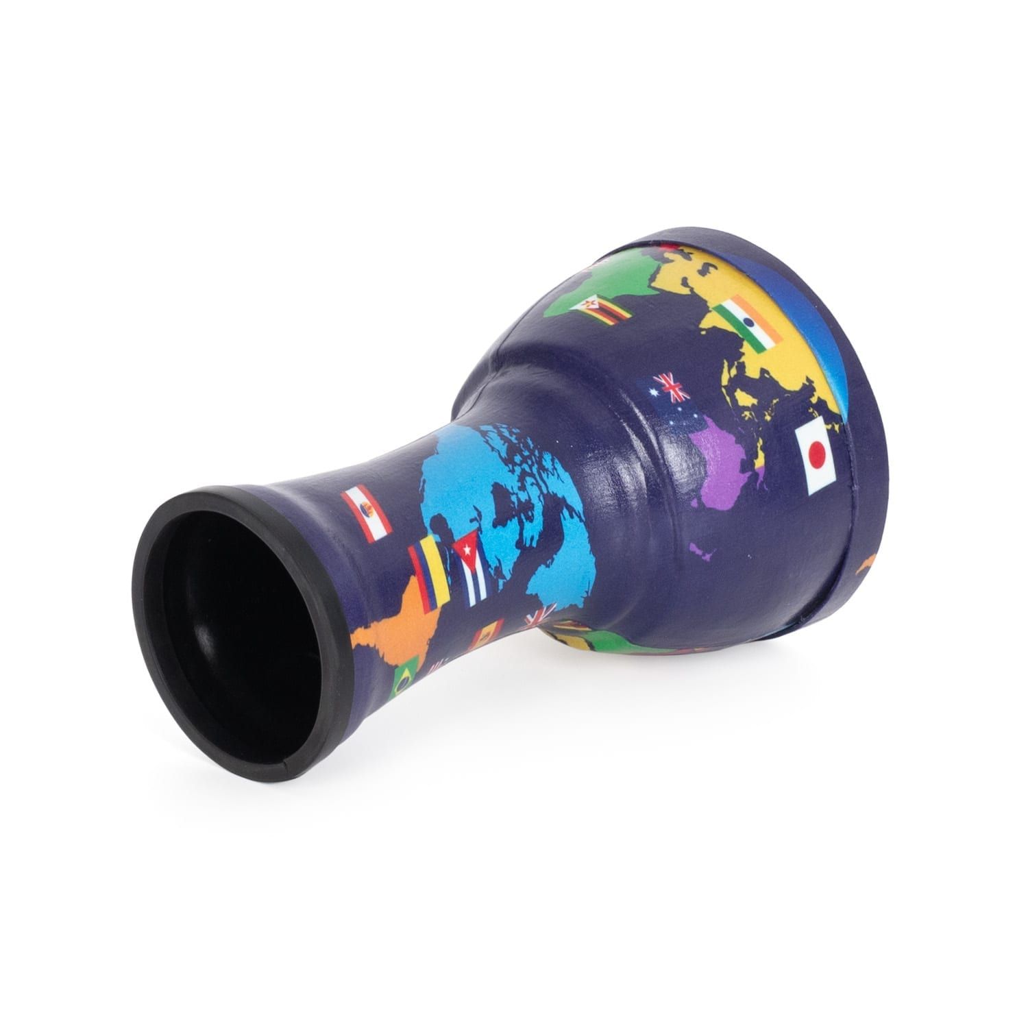 Side view of the World Slap Djembe drum, 7-inch diameter and 32cm high, with a colorful world map design adorned with country flags, including Japan, Lebanon, and the UK. The drum features a synthetic shell, is pre-tuned for ease of use, and is ideal for beginners and educational purposes.
