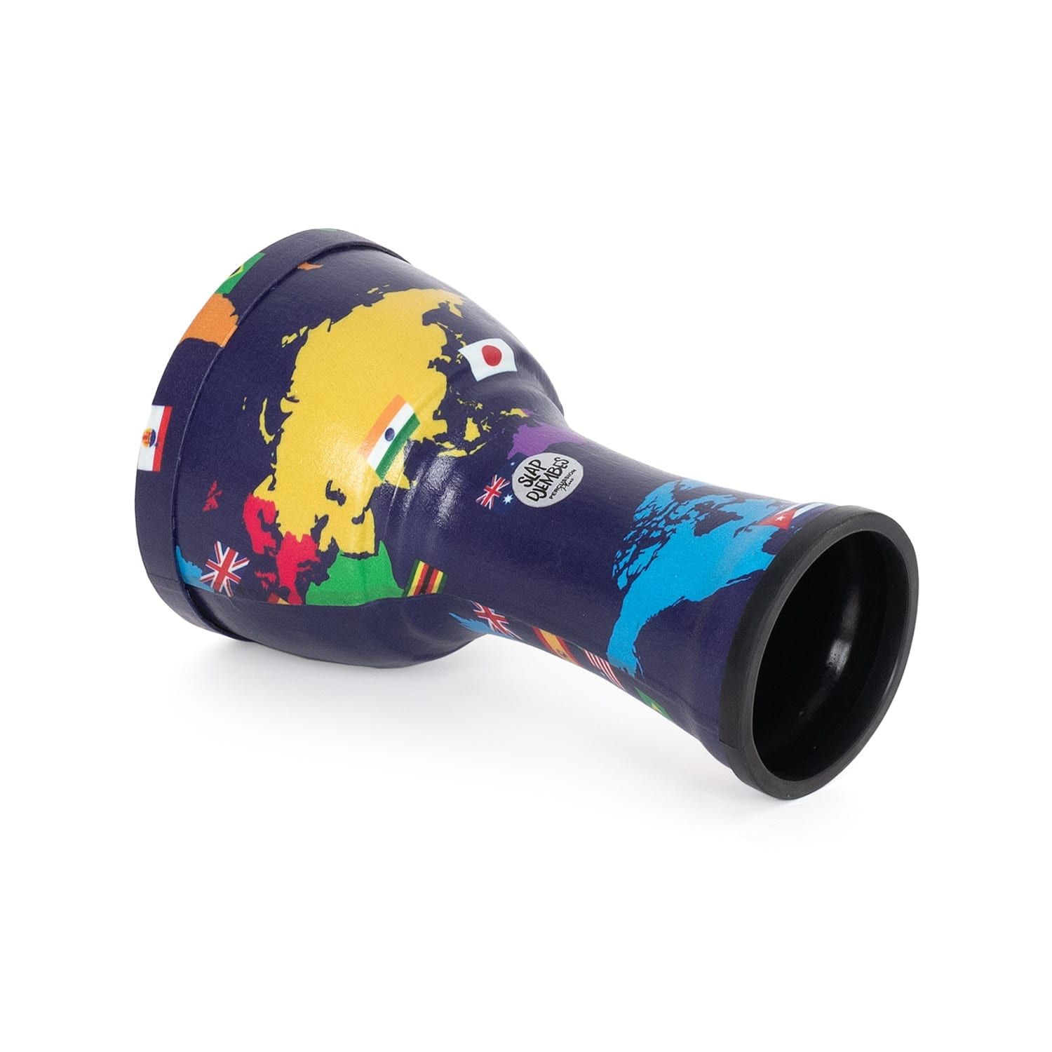 Side view of a World Slap Djembe drum, 7-inch diameter and 32cm high, featuring a vibrant world map design with country flags including India, Japan, and the UK. The drum's colorful design is complemented by a durable synthetic shell, ideal for beginner percussionists. The drum is pre-tuned for easy play.