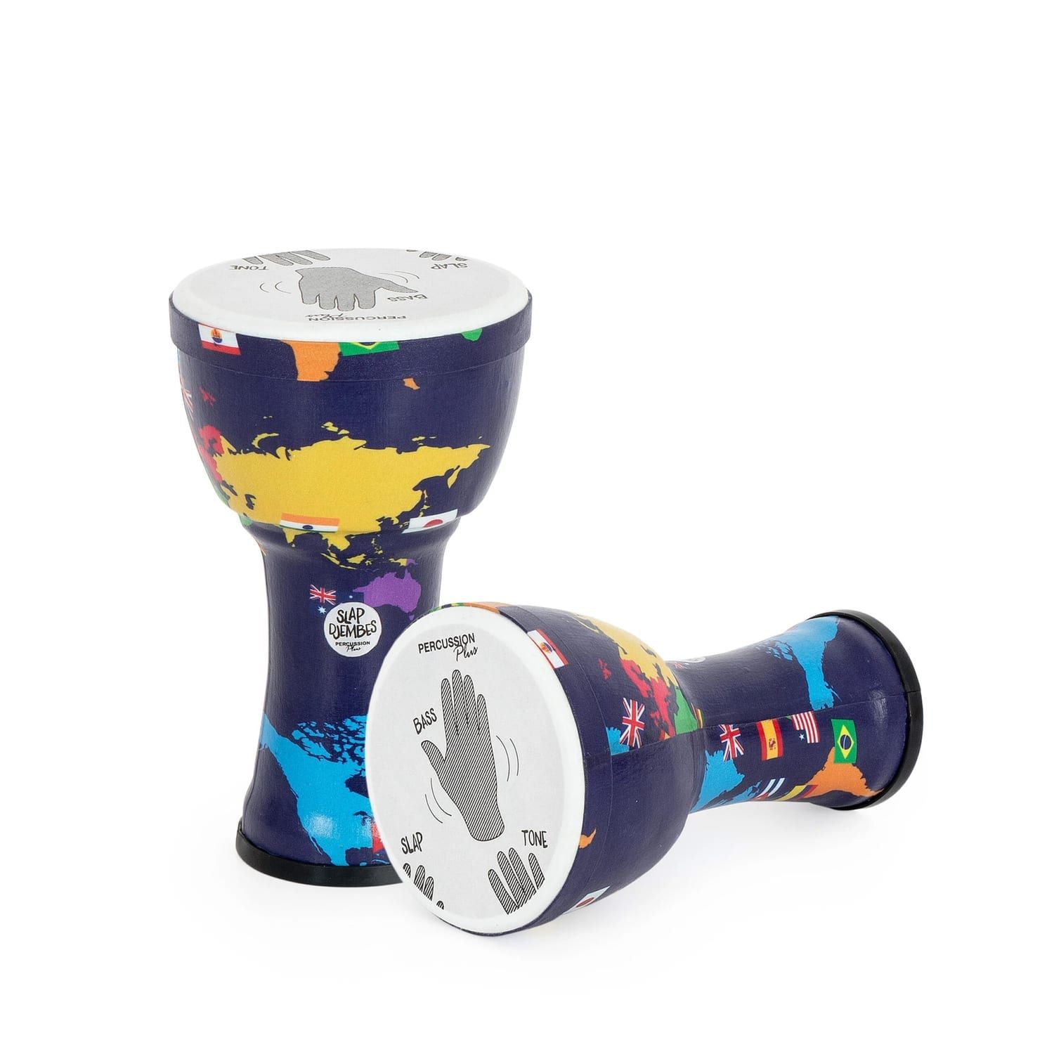 Two World Slap Djembe drums, 7-inch diameter and 32cm high, featuring colorful world map designs with country flags. The pre-tuned synthetic drumheads display hand positioning guides for Bass, Slap, and Tone, making them ideal for beginners, educational use, and percussion enthusiasts.
