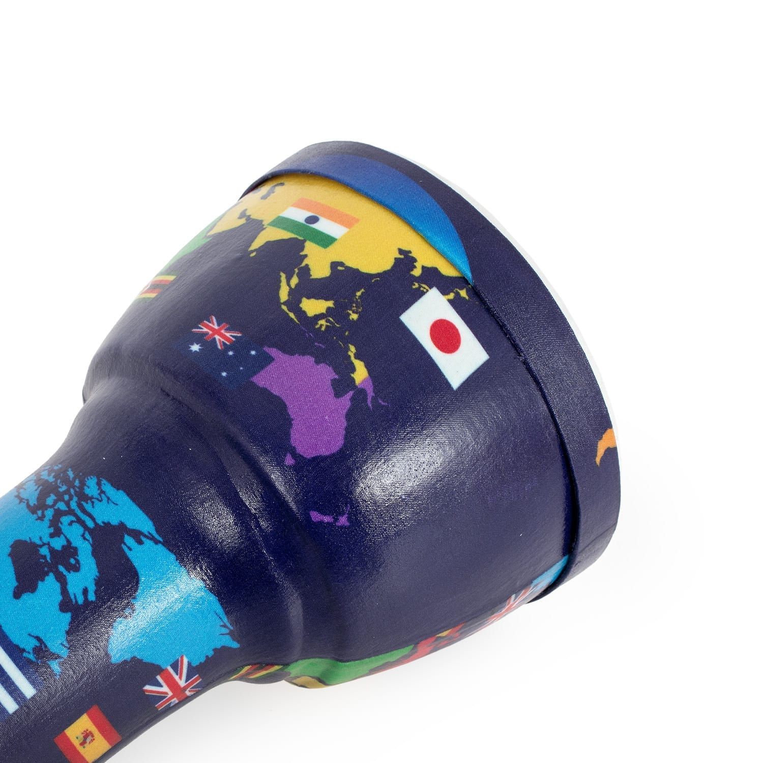 Side view of the Percussion Plus 7-inch Djembe Drum featuring the World Map design with flags from countries like India, Japan, and Spain. The drum has a pre-tuned synthetic drumhead, designed for beginner percussionists.