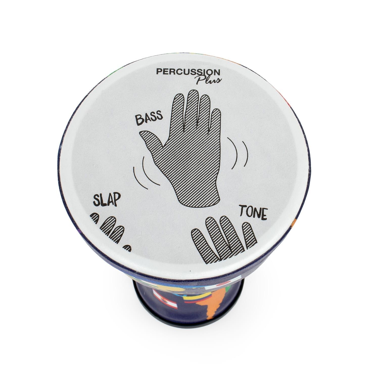 Top view of the Percussion Plus 7-inch Djembe Drum showing the pre-tuned synthetic drumhead with hand position diagrams for Bass, Tone, and Slap sounds. The drum is part of the 'World Slap' design, featuring a colorful world map with flags from various countries.