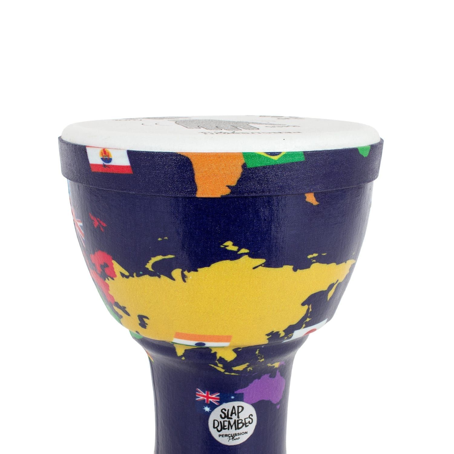 Top view of the Percussion Plus 7-inch Djembe Drum with World Map design, featuring flags from various countries, including Brazil, India, and Australia. The drumhead is pre-tuned and marked with the 'Slap Djembes' logo, perfect for beginner percussion players.