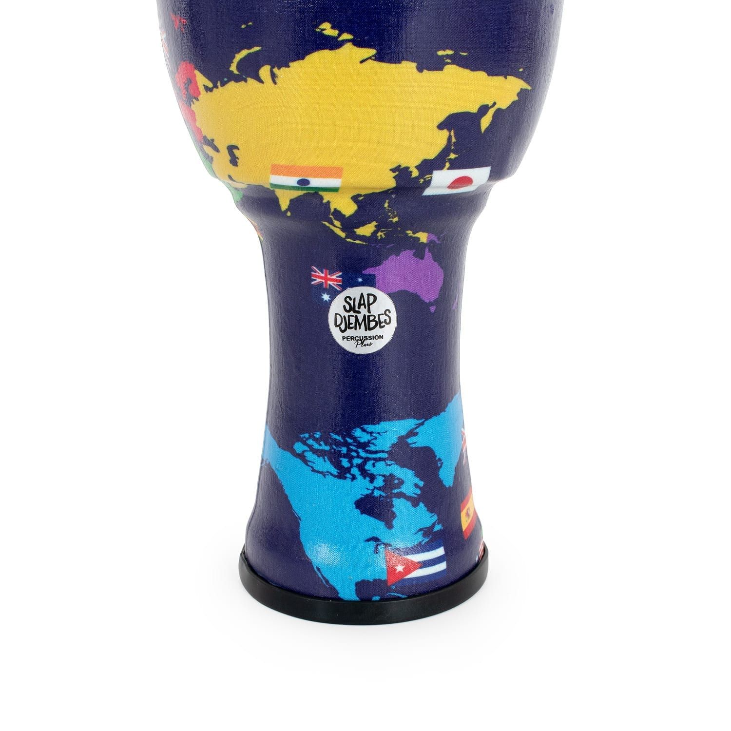 Side view of the Percussion Plus 7-inch Djembe Drum with vibrant World Map design, displaying flags from countries such as India, Japan, Cuba, and Australia. The drum features the 'Slap Djembes' logo and a pre-tuned synthetic drumhead, ideal for beginner percussion players.