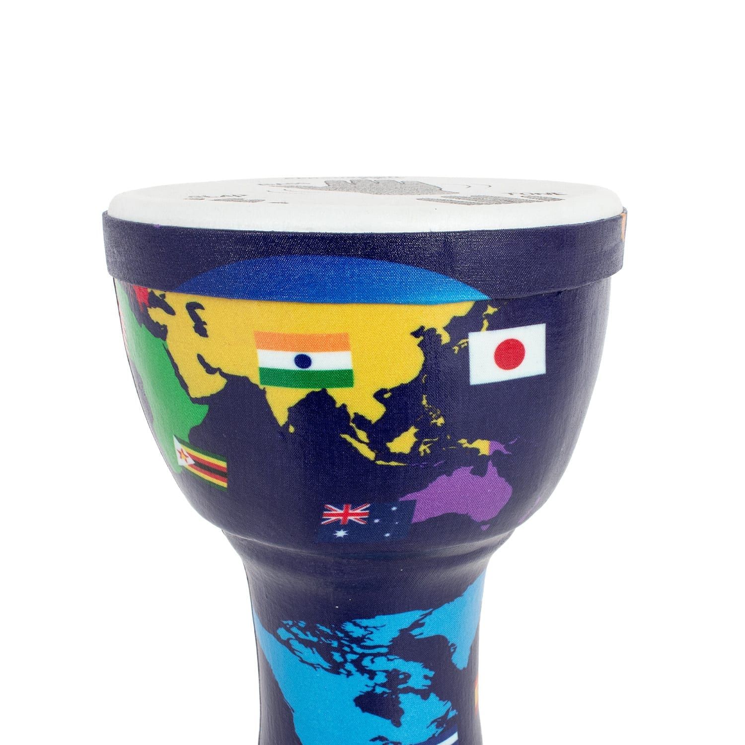 Top view of the Percussion Plus 7-inch Djembe Drum with World Map design, featuring flags from countries including India, Japan, and Australia. The drum has a pre-tuned synthetic drumhead with hand positions for Bass, Tone, and Slap, perfect for beginners.