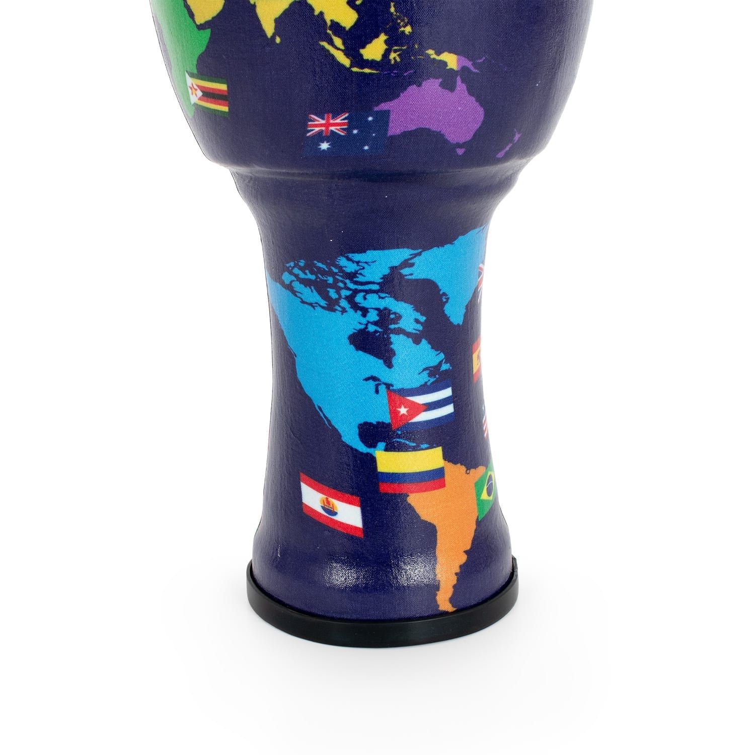 Close-up of the Percussion Plus 7-inch Djembe Drum featuring a colorful World Map design with flags from various countries, including the USA, Cuba, Brazil, and Peru. The drum has a synthetic pre-tuned head, ideal for beginner percussion players.