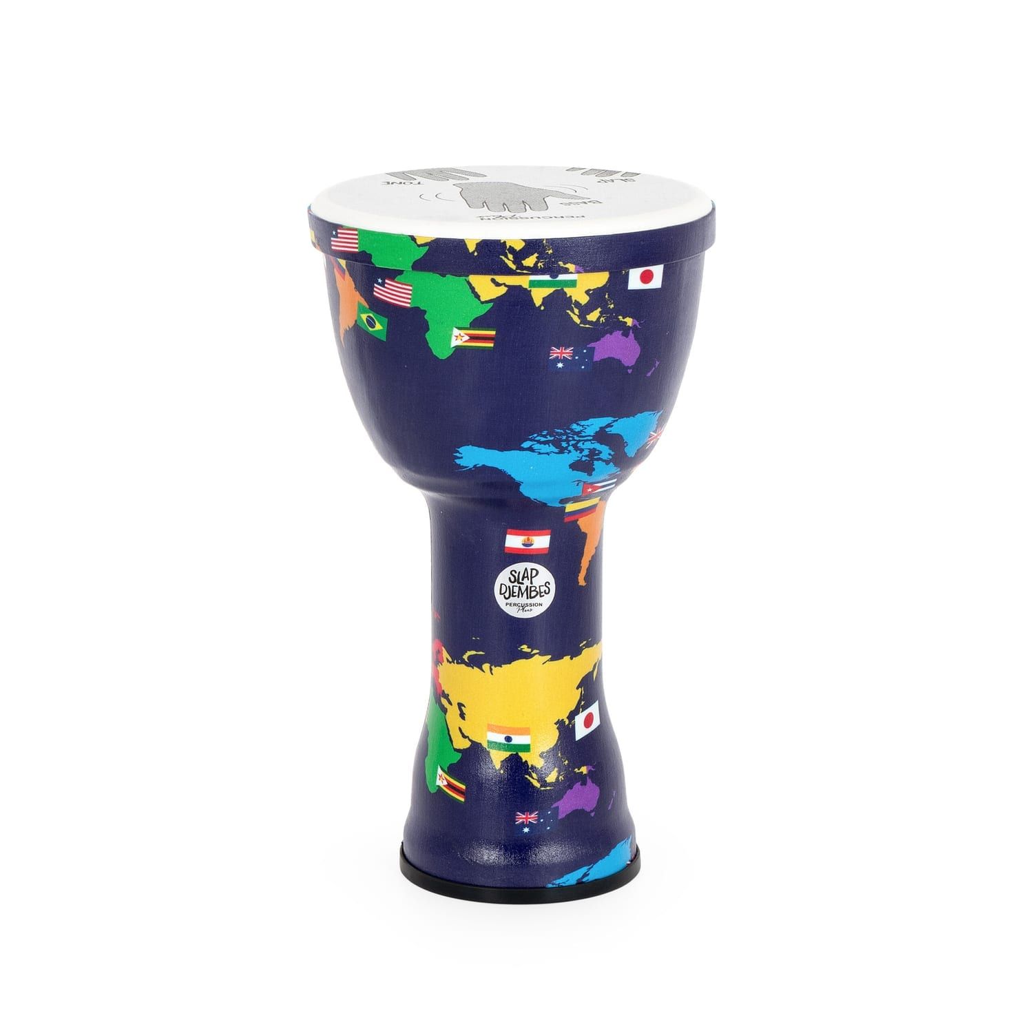 8 inch World Slap Djembe with a pre-tuned synthetic head and a vibrant world map design.