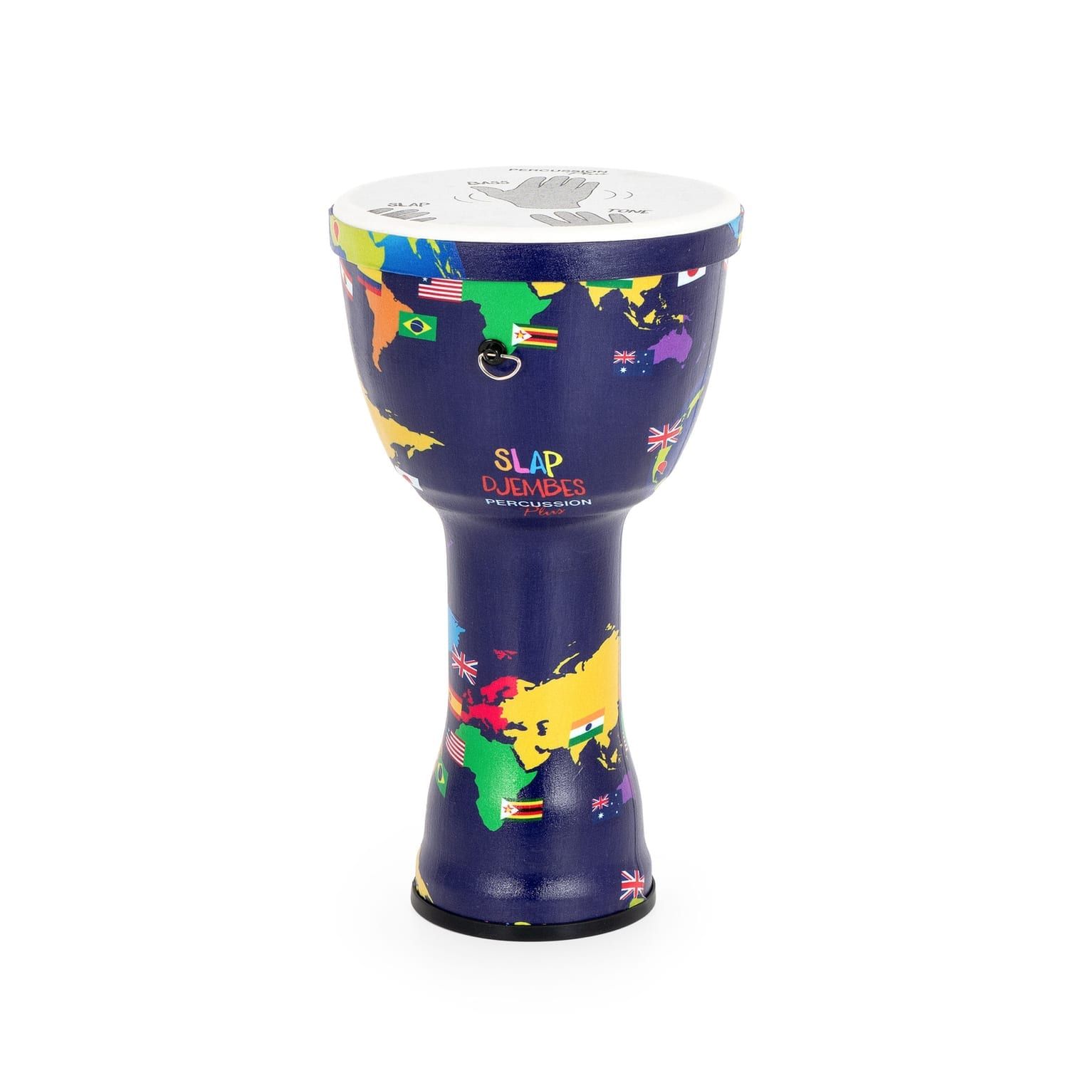 8-inch World Slap Djembe with a pre-tuned synthetic head and a vibrant world map design, ready to play.