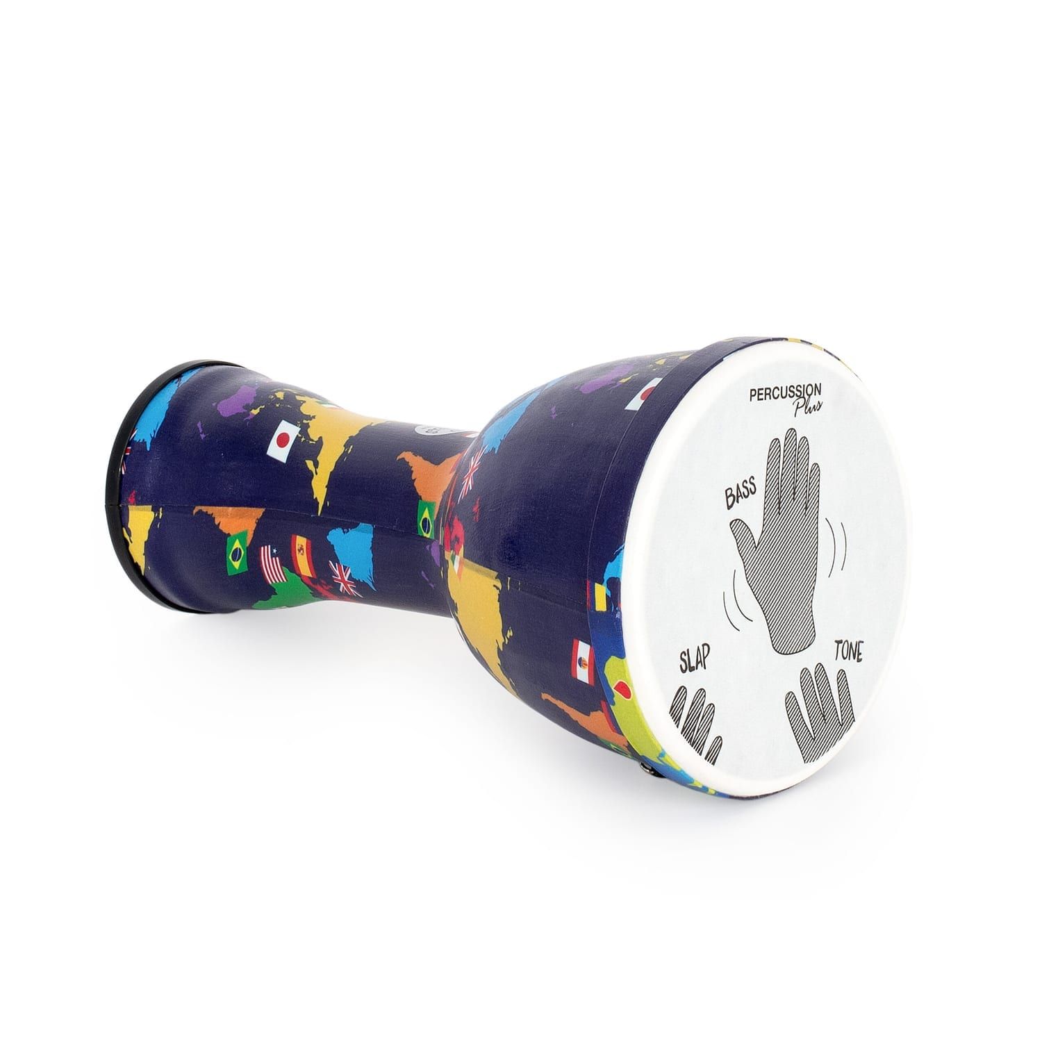 Djembe Drum 8 inch World Slap Synthetic Pre-tuned. This drum features a vibrant world map design and a guide for playing bass, tone, and slap sounds. Shown lying horizontally.