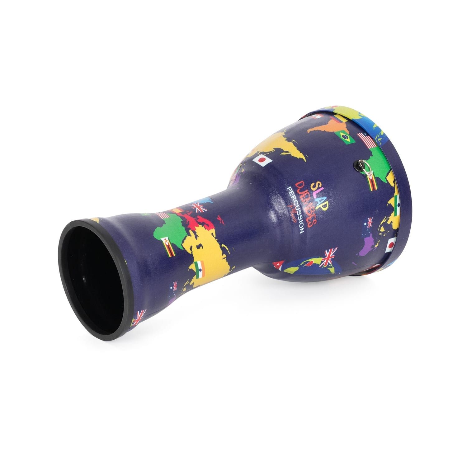 Djembe Drum 8 inch World Slap Synthetic Pre-tuned. This drum features a vibrant world map with flags, shown from a dynamic angle.