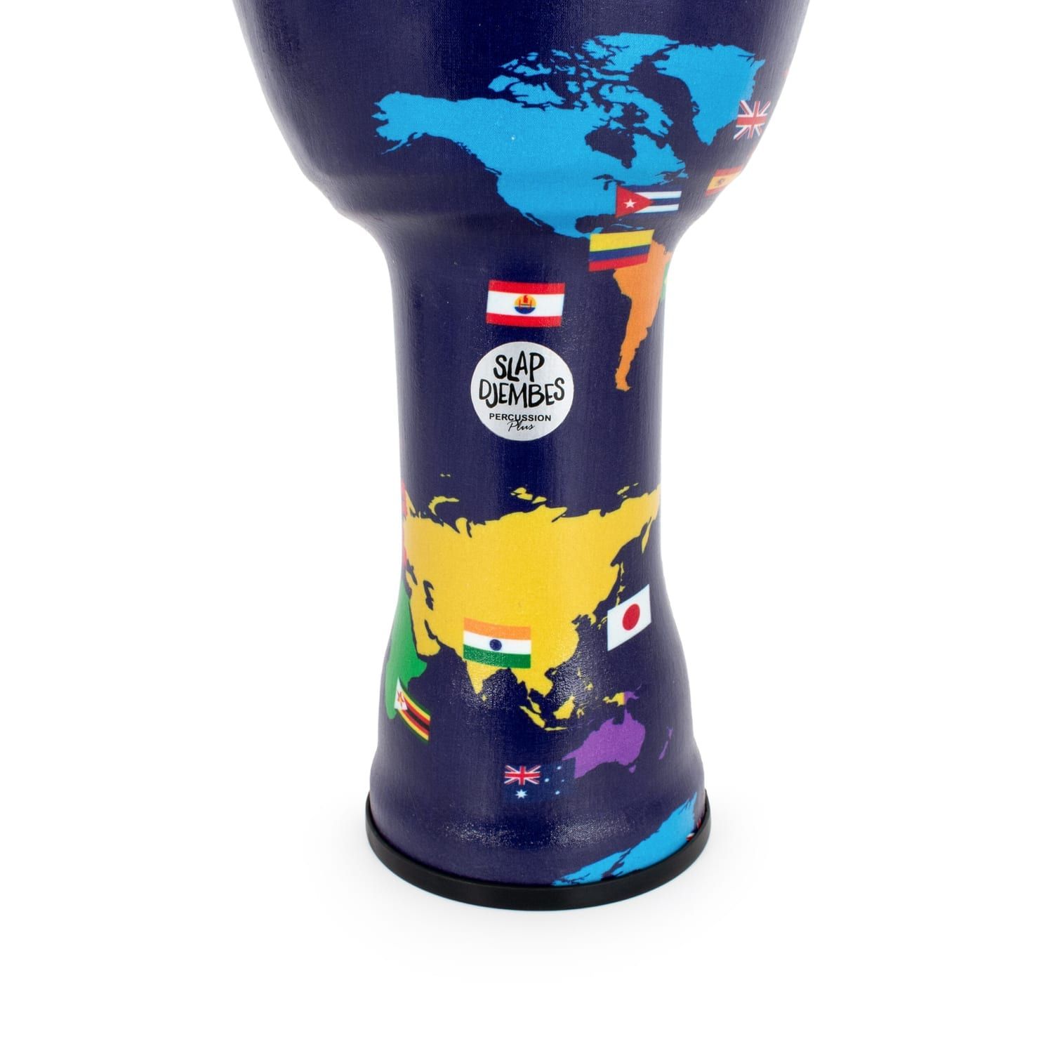 Pre-tuned synthetic World Slap Djembe drum, 8" diameter and 42cm high, featuring a blue design with a world map and flags of different countries.