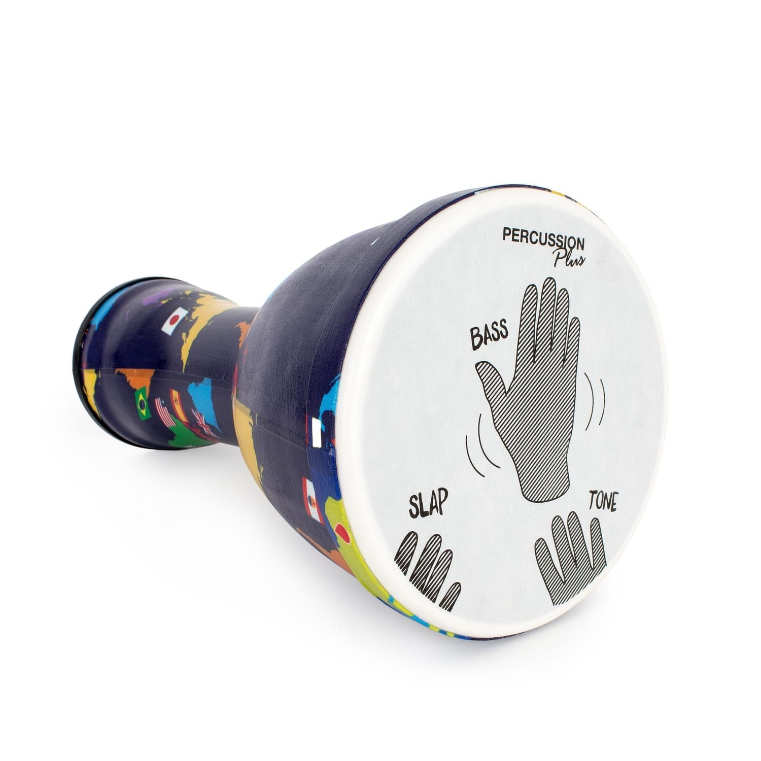 Learn to play this 10-inch World Slap Djembe drum with a world map design and easy-to-follow hand positions.