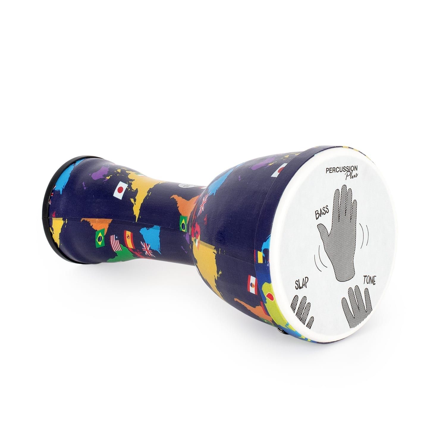 Djembe Drum 10 inch World Slap Synthetic Pre-tuned. This drum features a vibrant world map and a guide for playing bass, tone, and slap sounds.