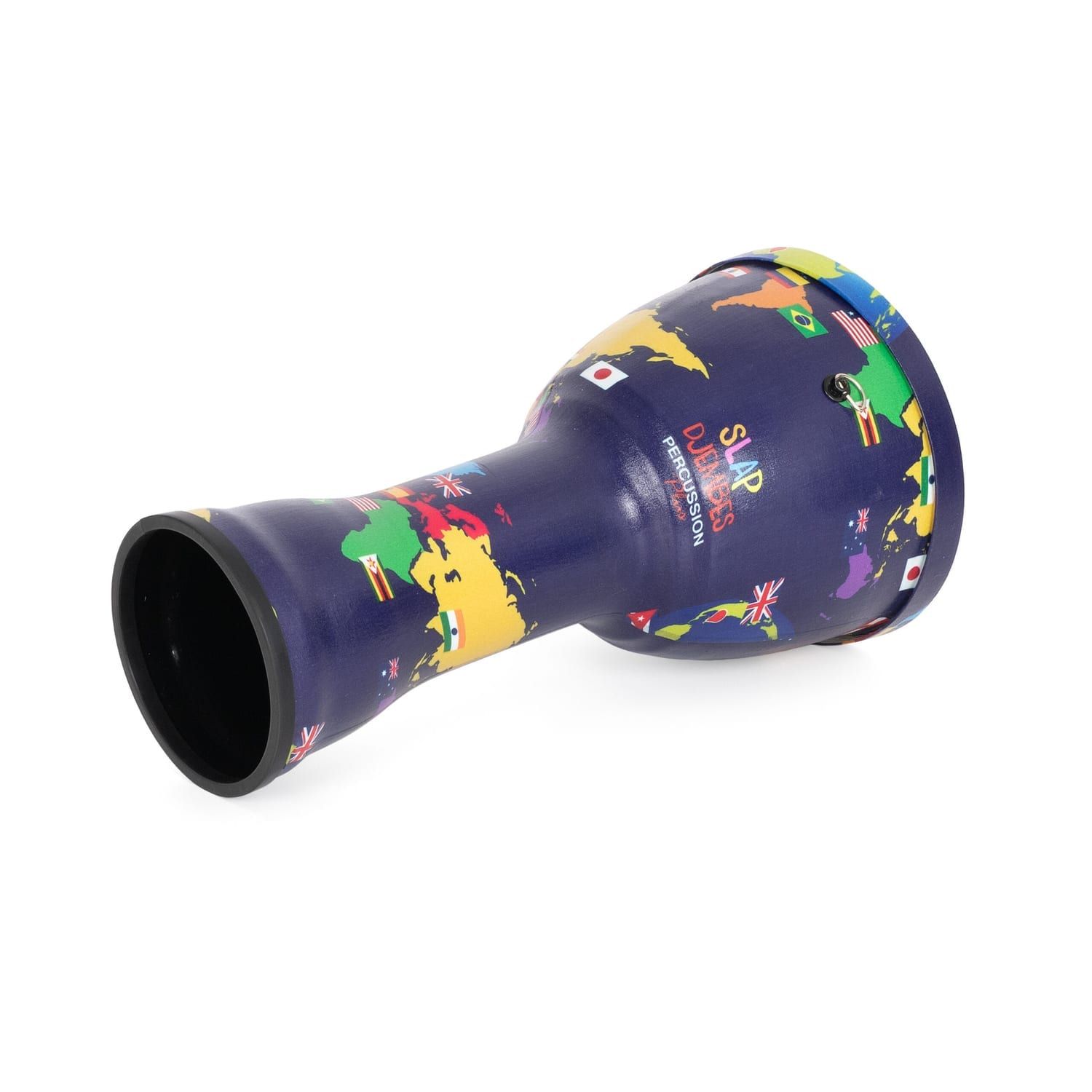 This pre-tuned, synthetic 10-inch World Slap Djembe drum features a unique world map design and is ready to play.