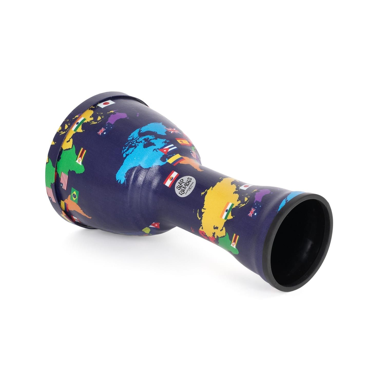 10-inch World Slap Djembe drum with a colorful world map design, shown lying horizontally.