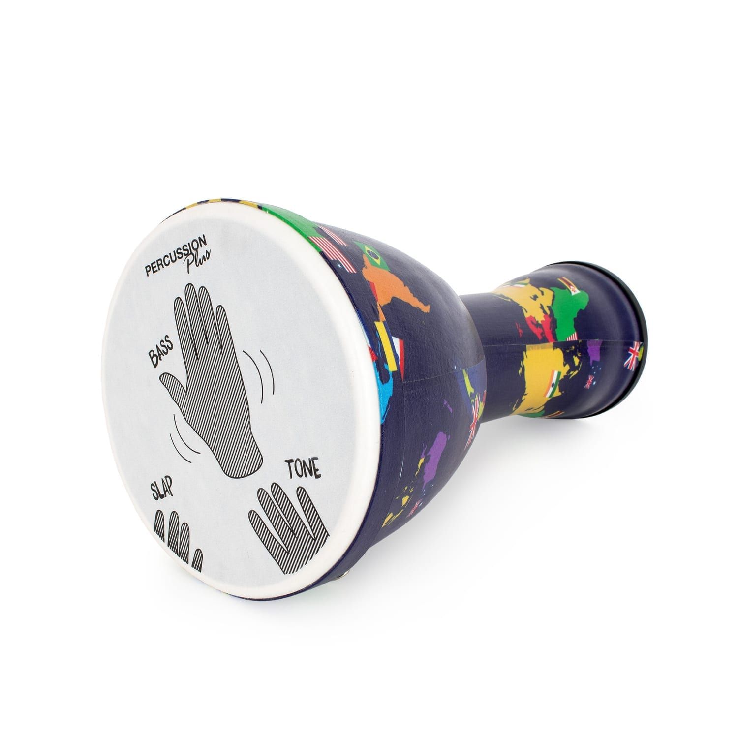 Djembe Drum 10 inch World Slap Synthetic Pre-tuned. Image shows the drum's world map design and hand placement guide.