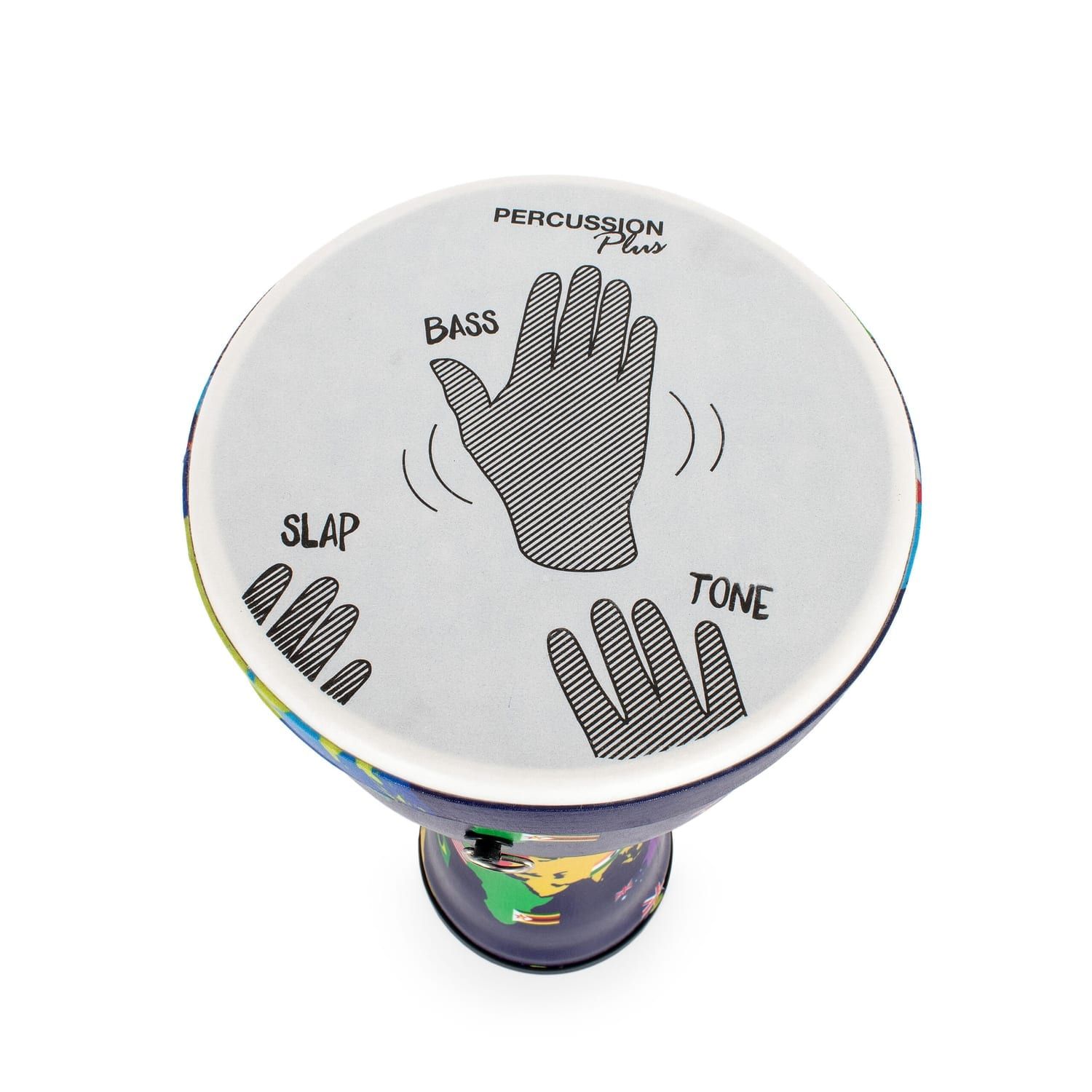 Djembe Drum 10 inch World Slap Synthetic Pre-tuned. Features world map design and hand position guide.