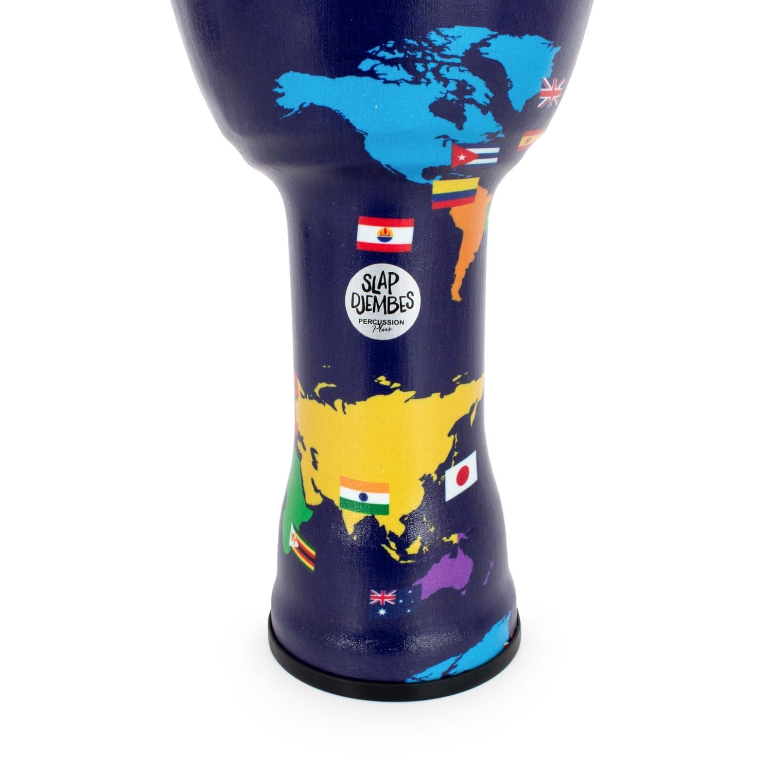 Close-up of the lower section of a pre-tuned Djembe drum with a 10-inch diameter and 50cm height, featuring a synthetic body with a vibrant world map and flag design, branded with the 'Slap Djembes Percussion Plus' logo.
