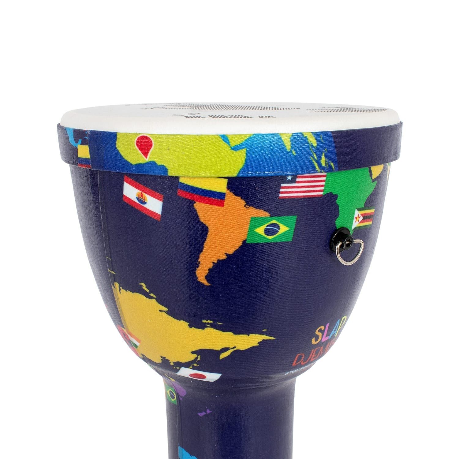 Detailed view of the upper section of a 10-inch diameter, 50cm high pre-tuned Djembe drum, featuring a colorful world map and flag design on a synthetic body, with the 'Slap Djembes Percussion Plus' logo partially visible.