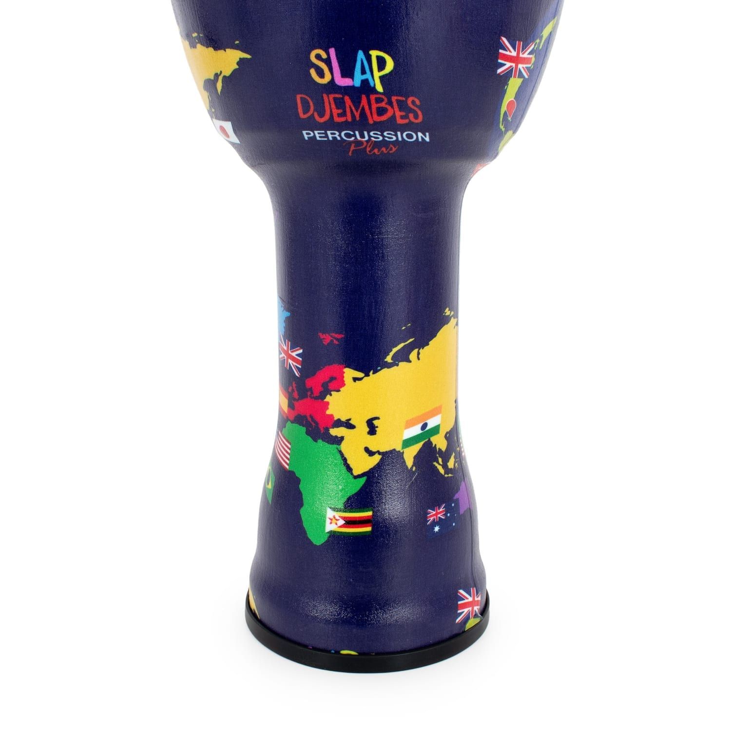 Close-up of the base of a 10-inch diameter, 50cm high pre-tuned Djembe drum, showcasing a vibrant world map and flags design with the 'Slap Djembes Percussion Plus' logo on a synthetic body.